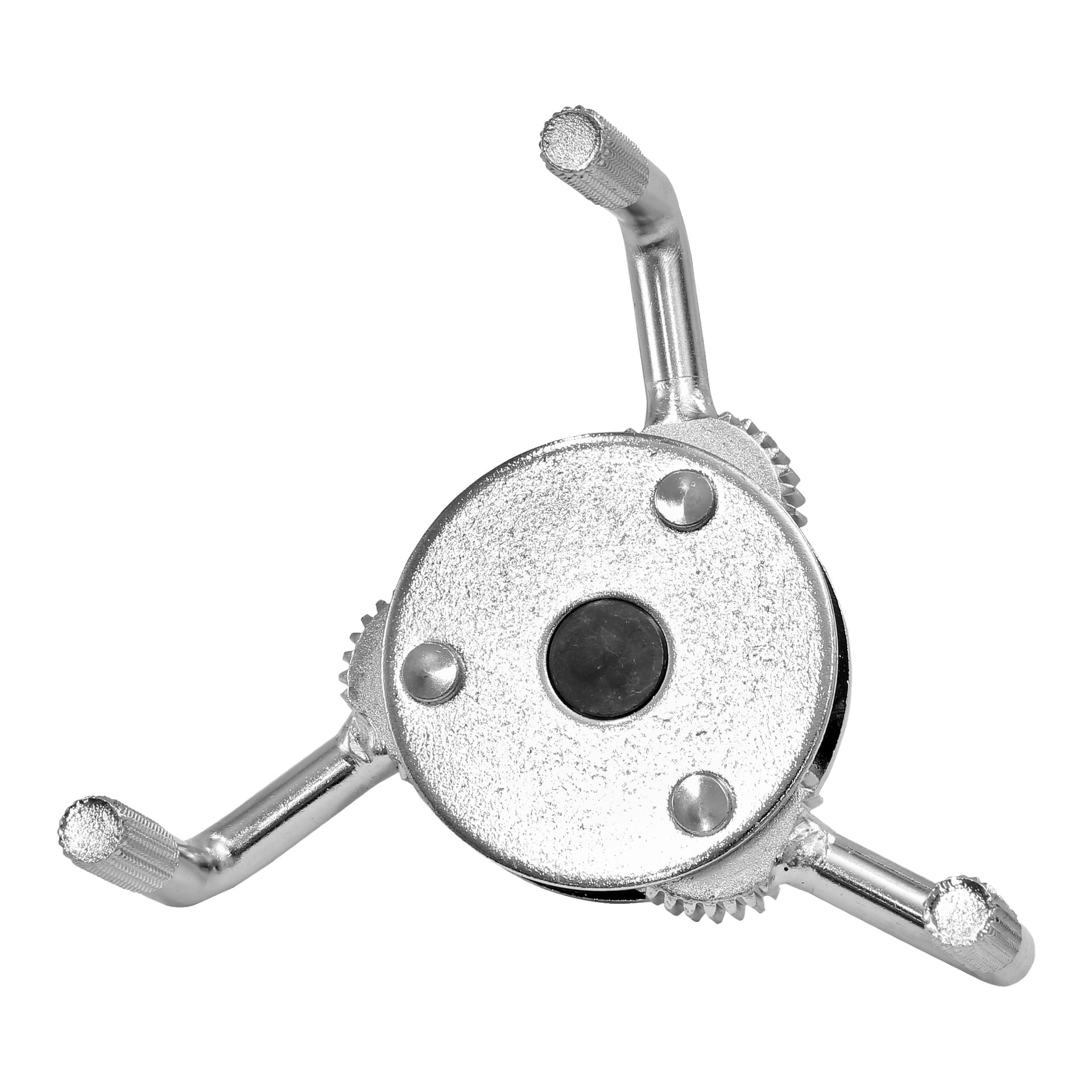 Meec Tools oljefilterborttagare har en metallkropp och tre justerbara armar som breder ut sig för att säkert greppa och ta bort bilens oljefilter.