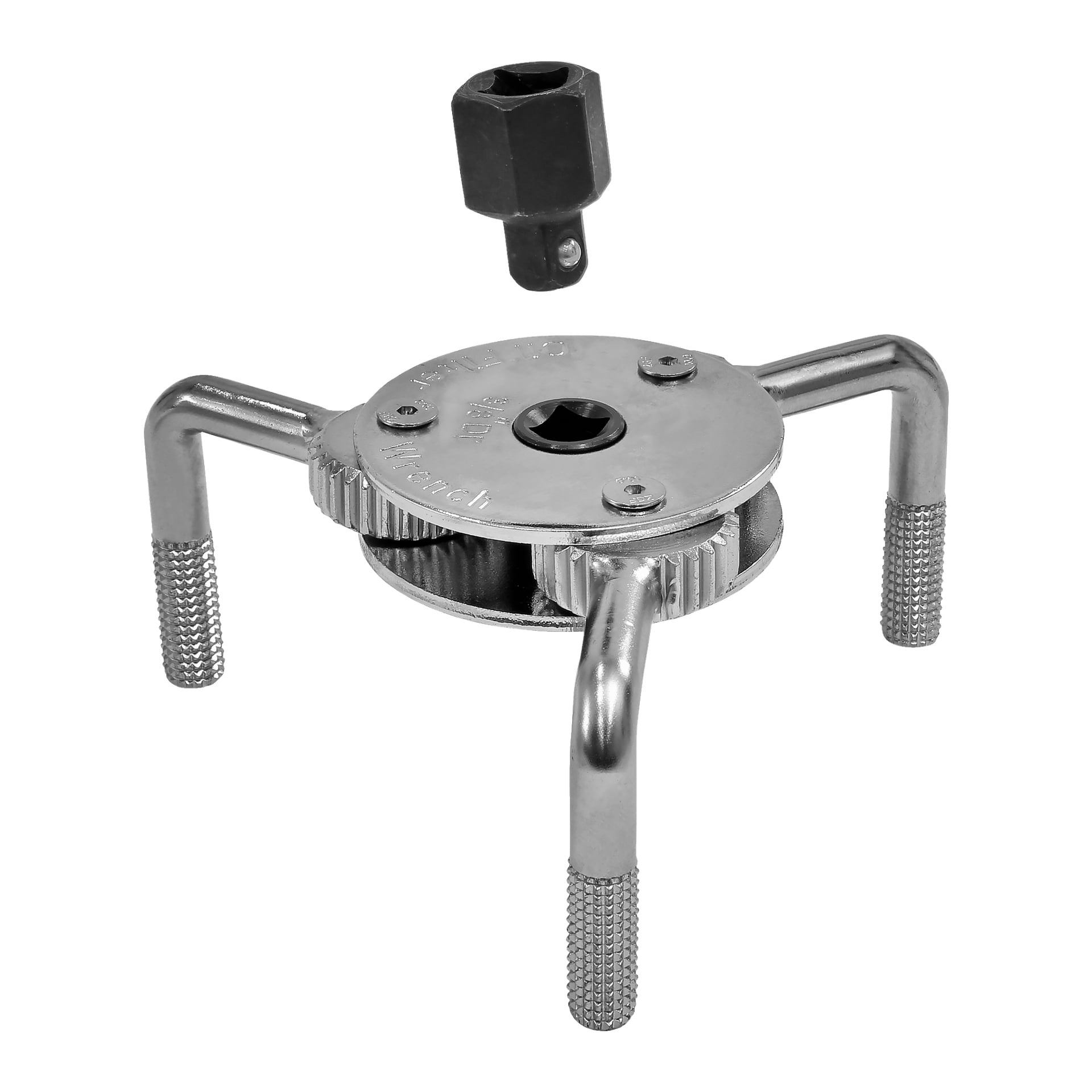 En Meec Tools oljefilterborttagare med tre justerbara metallben och texturerade grepp placeras under en fyrkantig adapter.