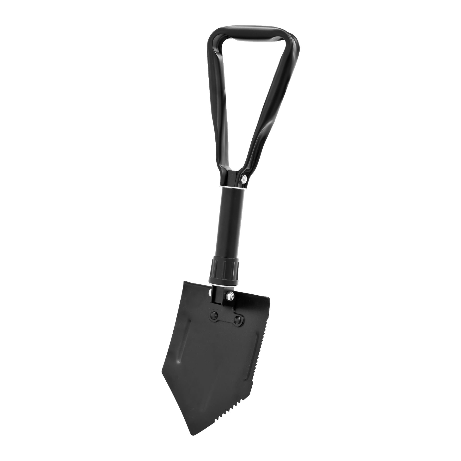 En Kayoba Folding spade med ett svartbelagt blad, triangulärt handtag och en sågad egg.