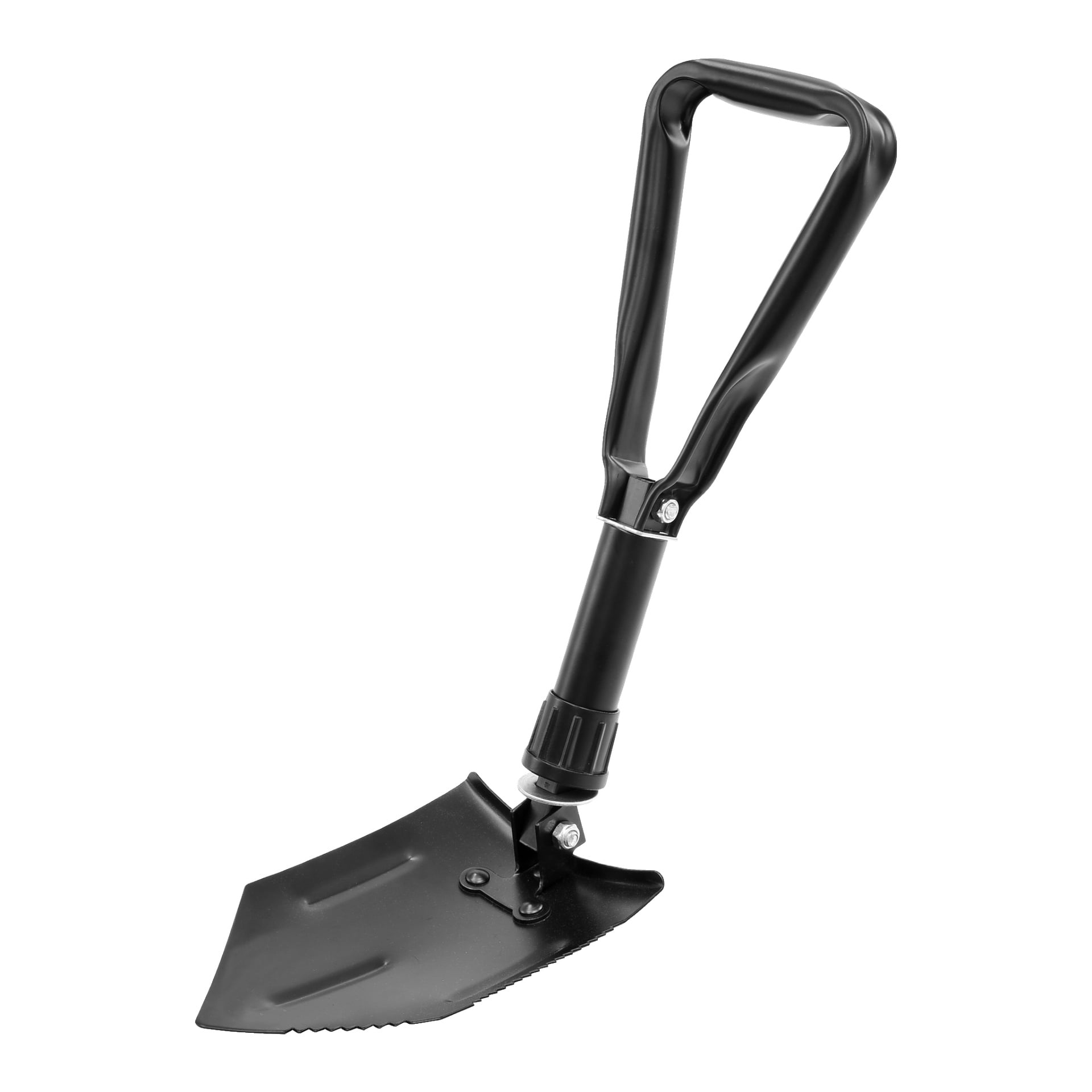 En delvis utfälld svart Kayoba-fällspade med ett triangulärt tandat blad och ett D-format handtag visas.