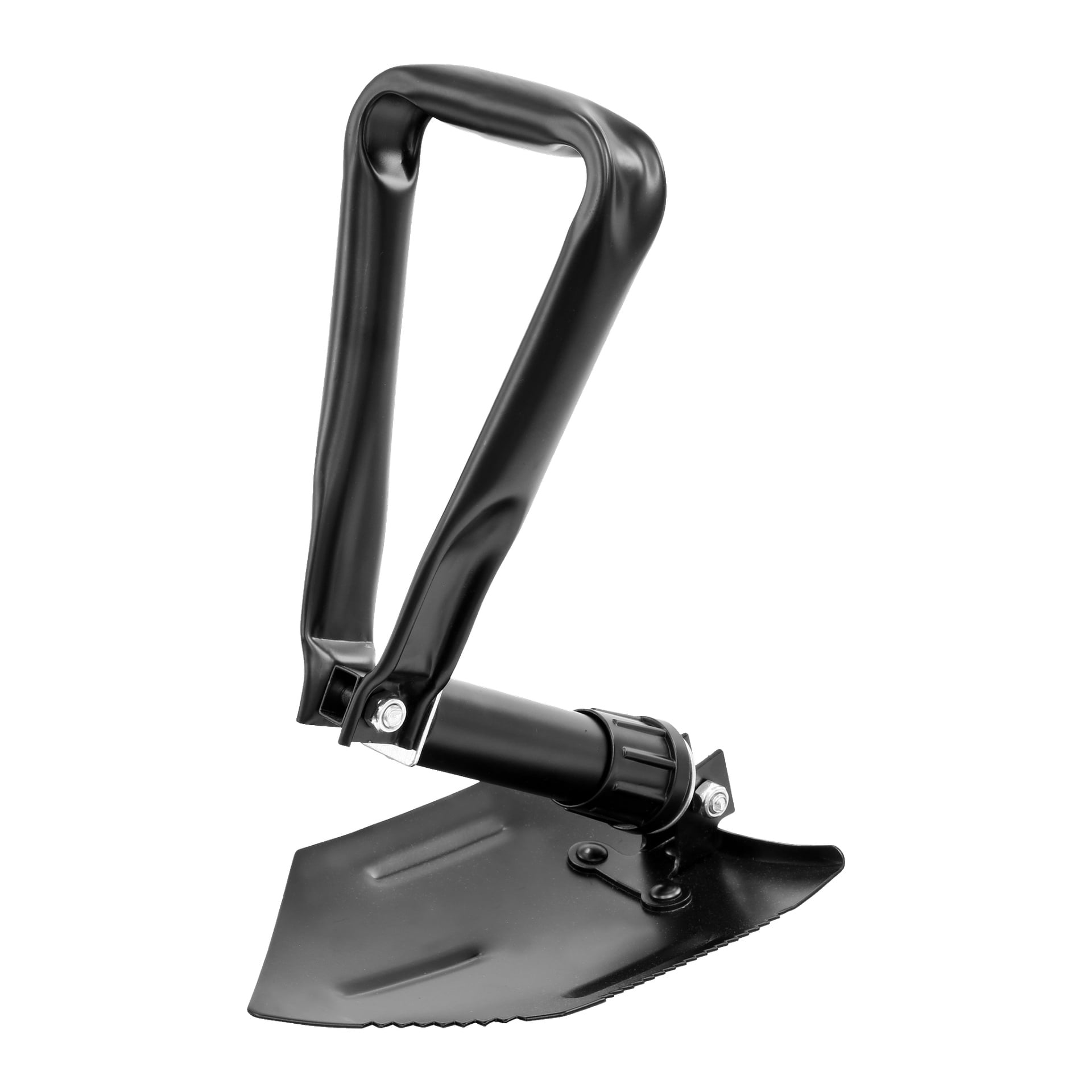 En svart Kayoba Folding spade med ett D-format handtag och ett tandat blad står upprätt.
