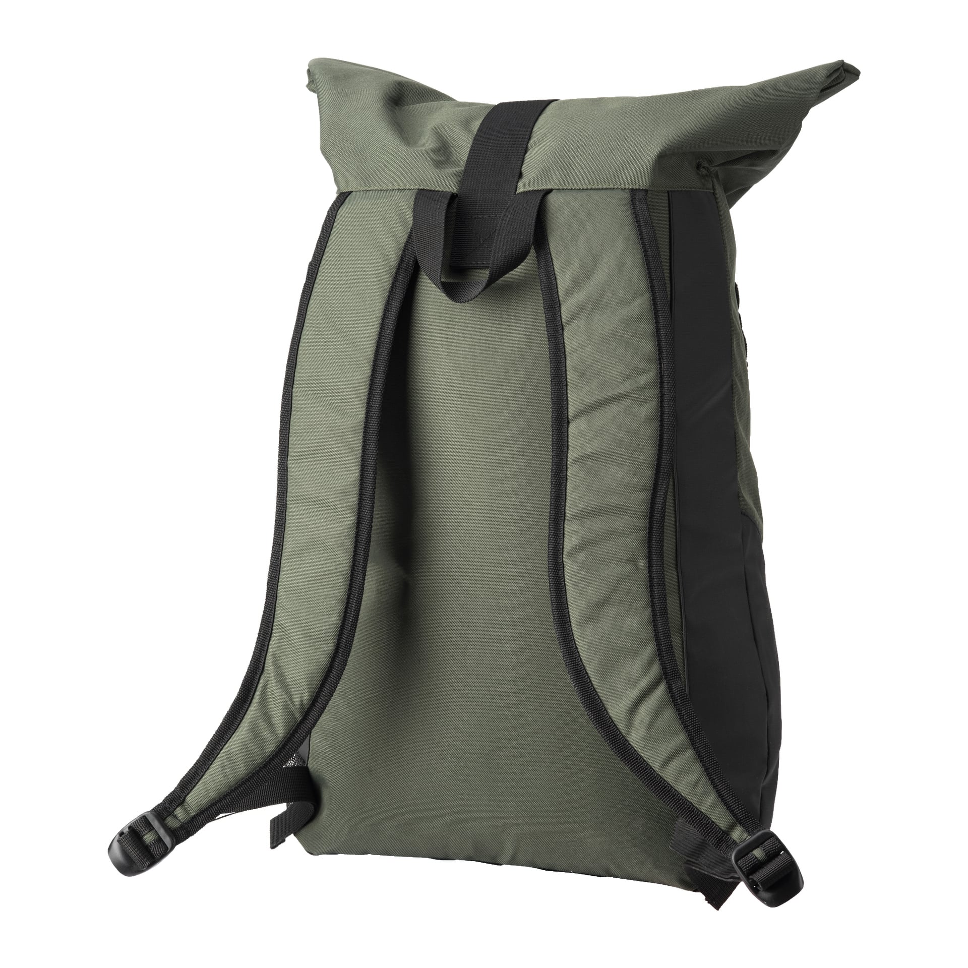 Et baksidebilde av Kayoba Rucksack fremhever dens mørkegrønne farge, med to polstrede skulderstropper, et svart håndtak øverst og svarte kanter langs sidene. Ryggsekken er designet med et solid og enkelt utseende, fri for dekorative detaljer.