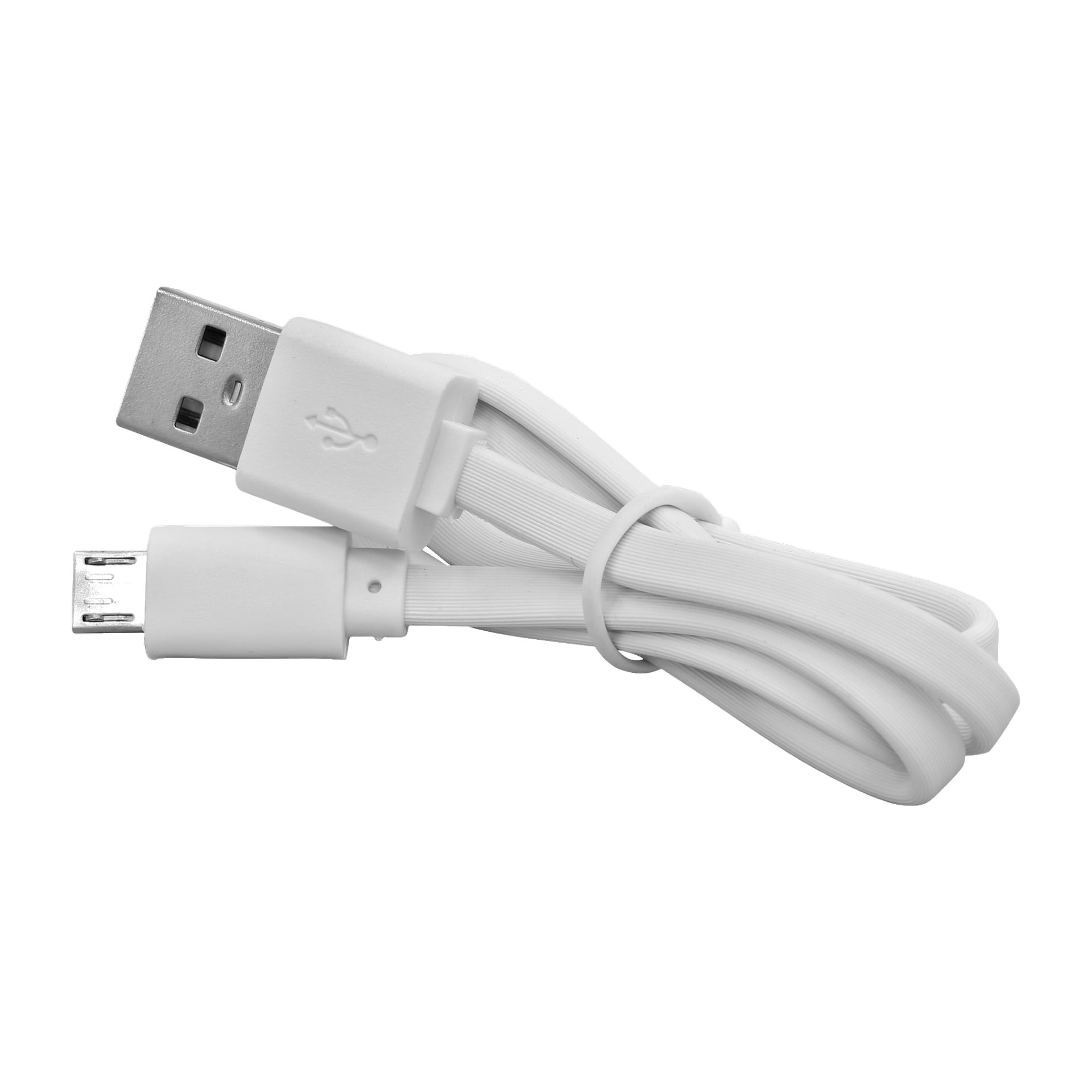 En vit, spiralad Anslut USB-laddare för uppladdningsbara batterier, med en USB-A-kontakt på ena sidan och en micro-USB-kontakt på den andra, hålls ihop av en plastkoppling.