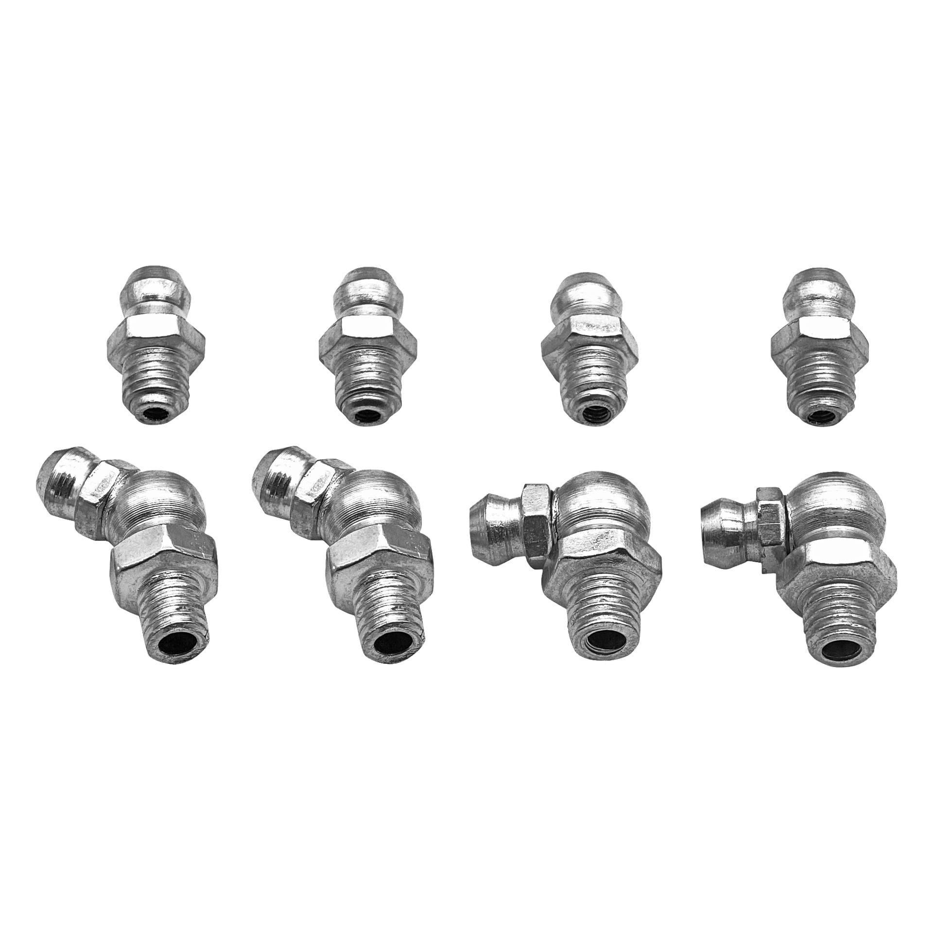 Åtta Hamron 1/4" fettnipplar, som ingår i ett 8-delat set, är arrangerade i två rader; den övre raden har raka kopplingar, medan den nedersta raden visar vinklade kopplingar.
