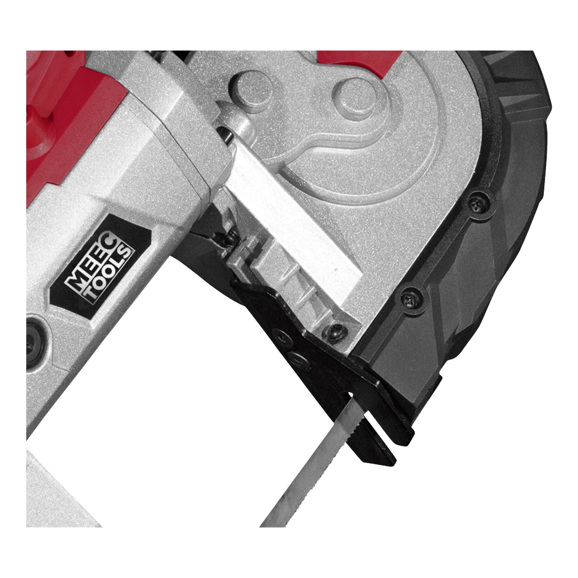 Detaillierte Ansicht einer Meec Tools ME-W HOME 300 Metallbandsäge, die links das Sägeblatt, die Gehäusematerialien und das Markenlogo zu sehen ist.