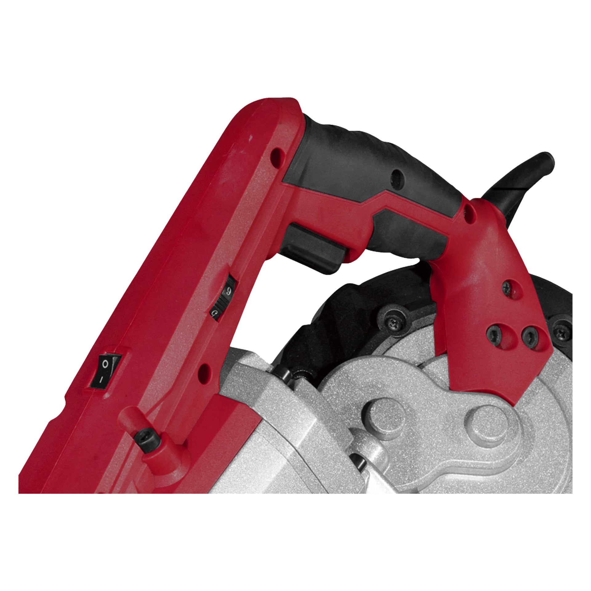 Nahaufnahme der Meec Tools Metallschneidbandsäge ME-W HOME 300, mit rot-schwarzem Griff, Abzug, Einschaltschalter und metallischem Korpus.