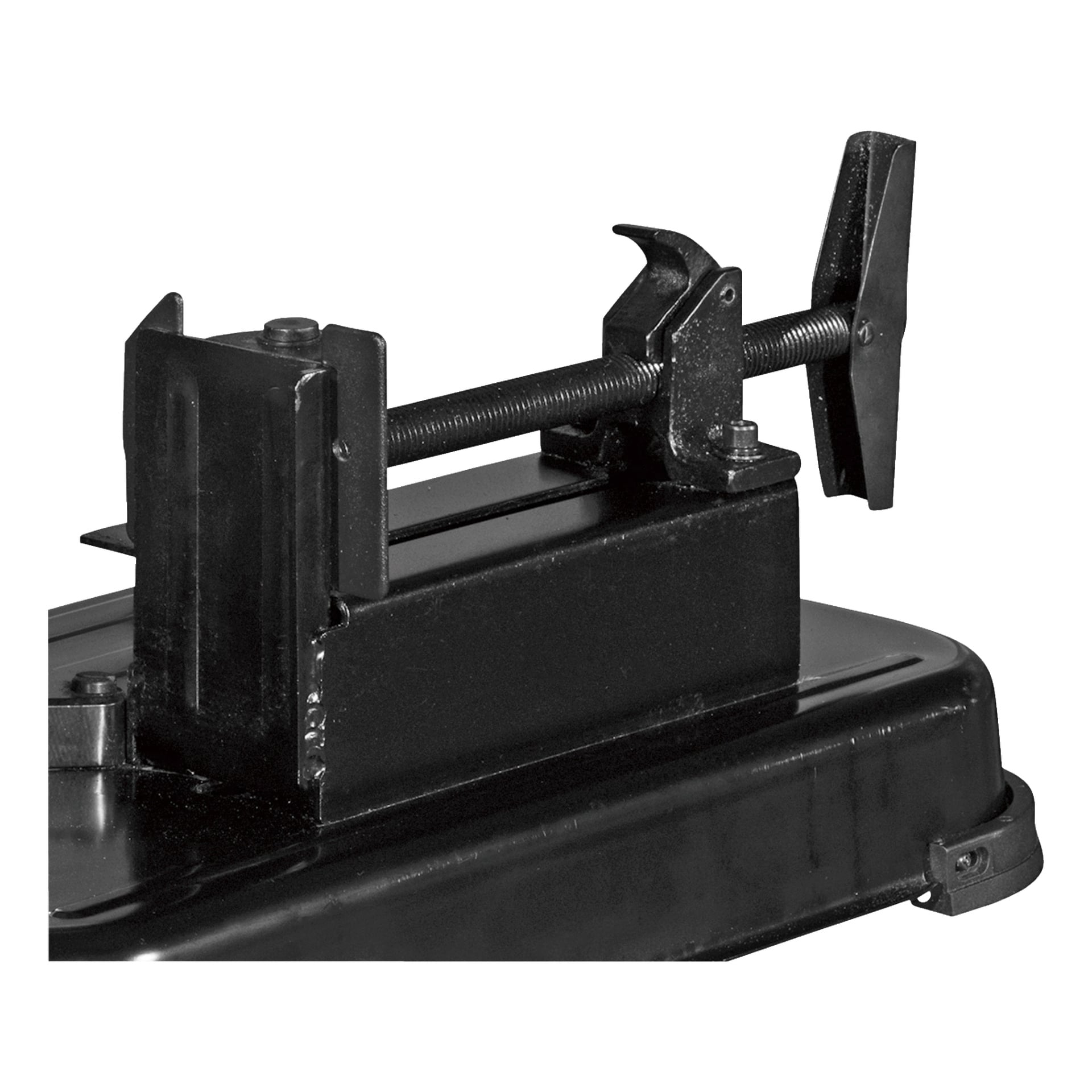 Nahaufnahme der Metallschneidbandsäge ME-W HOME 300 von Meec Tools zeigt ihren schwarzen Rahmen sowie die detaillierte Klemme und Schraube für präzise Schnitte.