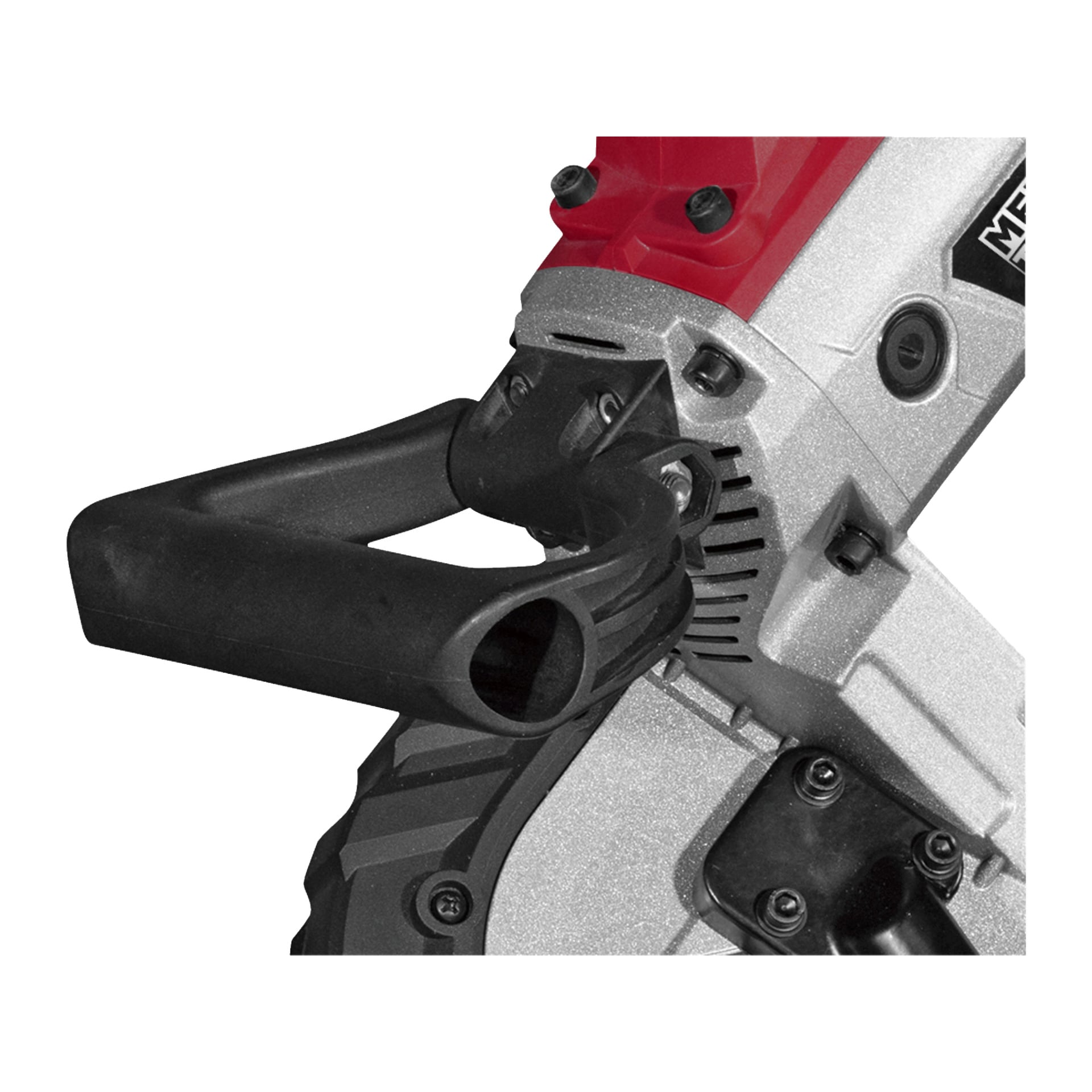 Nahaufnahme der Meec Tools ME-W HOME 300 Bandsäge, die ihren schwarzen Griff, den silberroten Korpus, die Lüftungsöffnungen und das Klingengehäuse zeigt.