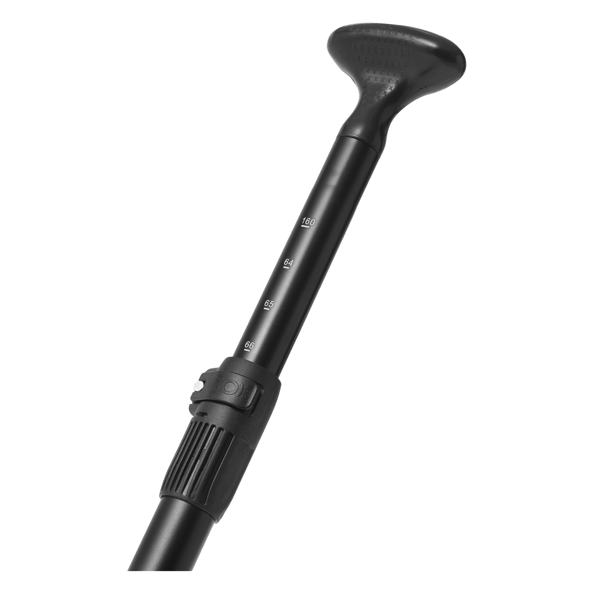 Detaljerad vy av Kayoba Paddle som visar dess svarta justerbara handtag med synliga måttmarkeringar och en låsmekanism för att ställa in önskad längd. Handtagets topp har ett ergonomiskt format grepp för bekväm användning.