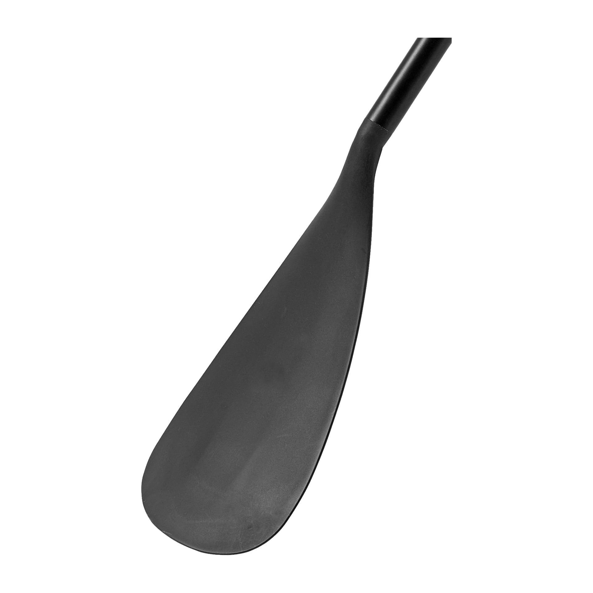 Närbild av ett svart Kayoba Paddle-blad kopplat till ett skaft. Det slanka, lätt böjda bladet är avsett för kajak- eller kanotpaddling.
