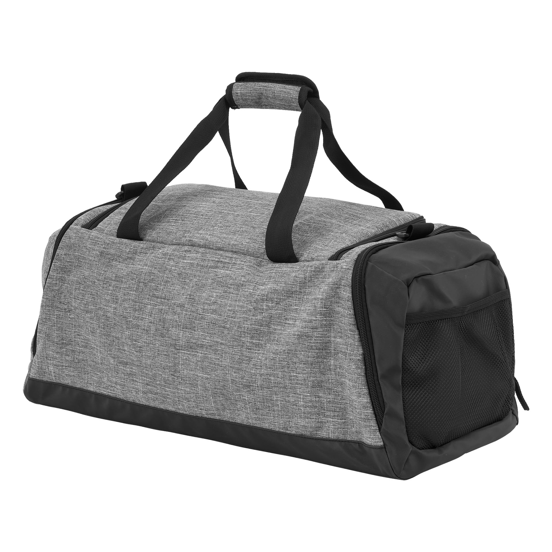 Kayoba Gymbagen er en grå og svart duffelbag med svarte håndtak og skulderstropp. Den har et stort hovedrom, glidelåste sidelommer, og den ene enden har en nettinglomme. Det ytre materialet er stoff.
