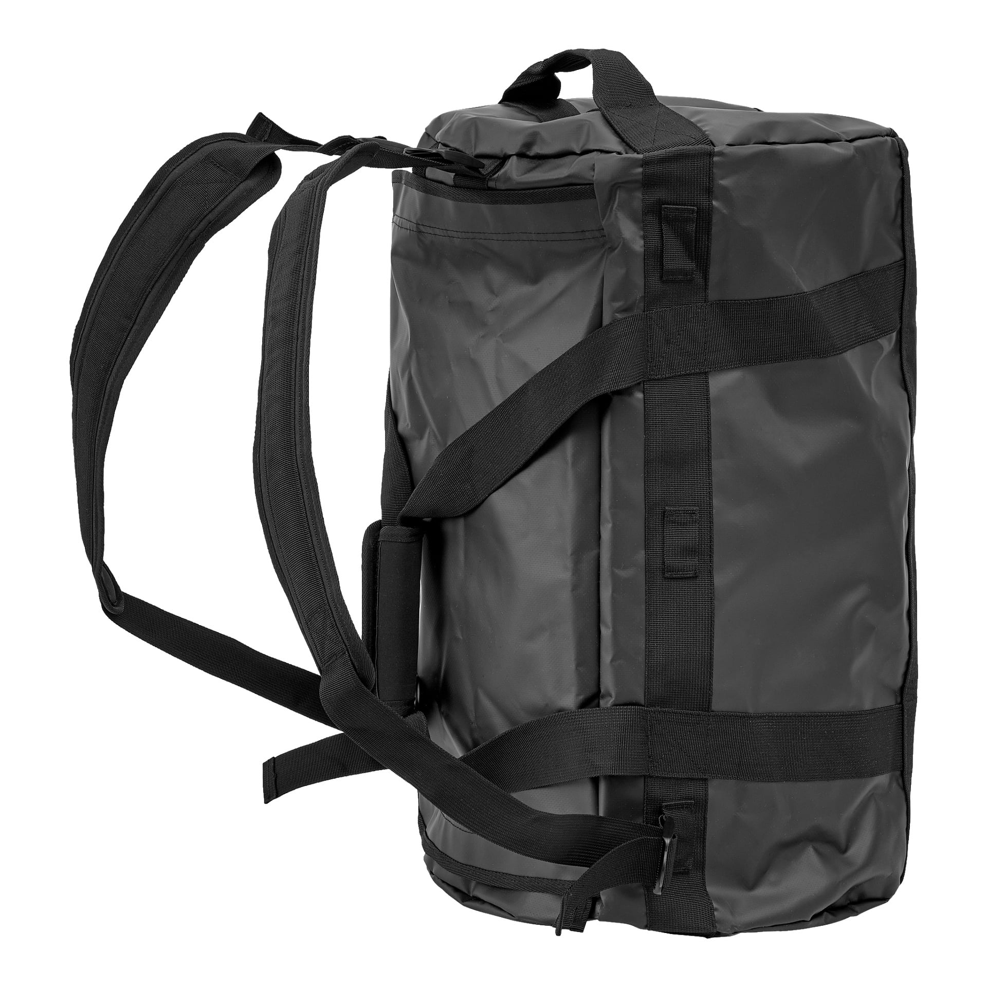 En svart Kayoba Duffelbag står oppreist på siden, med ryggsekk-lignende skulderstropper, håndtak, sømmer og glidelåser.