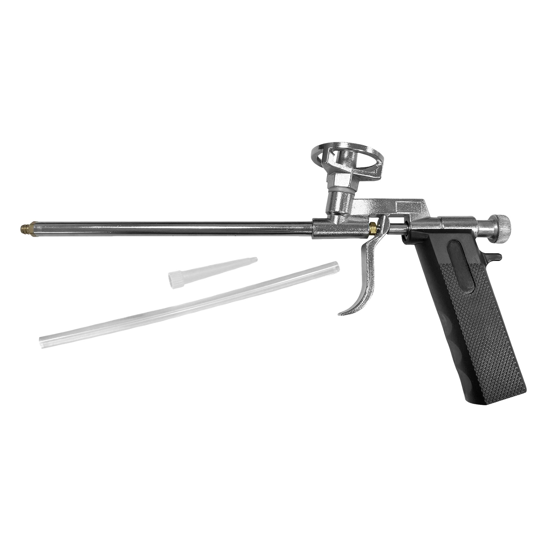 En Hard Head Foam-pistol med svart håndtak, avtrekker og utstrakt dyse vises sammen med et gjennomsiktig plastrør og en liten plasttupp. Komponentene legges ut sammen.