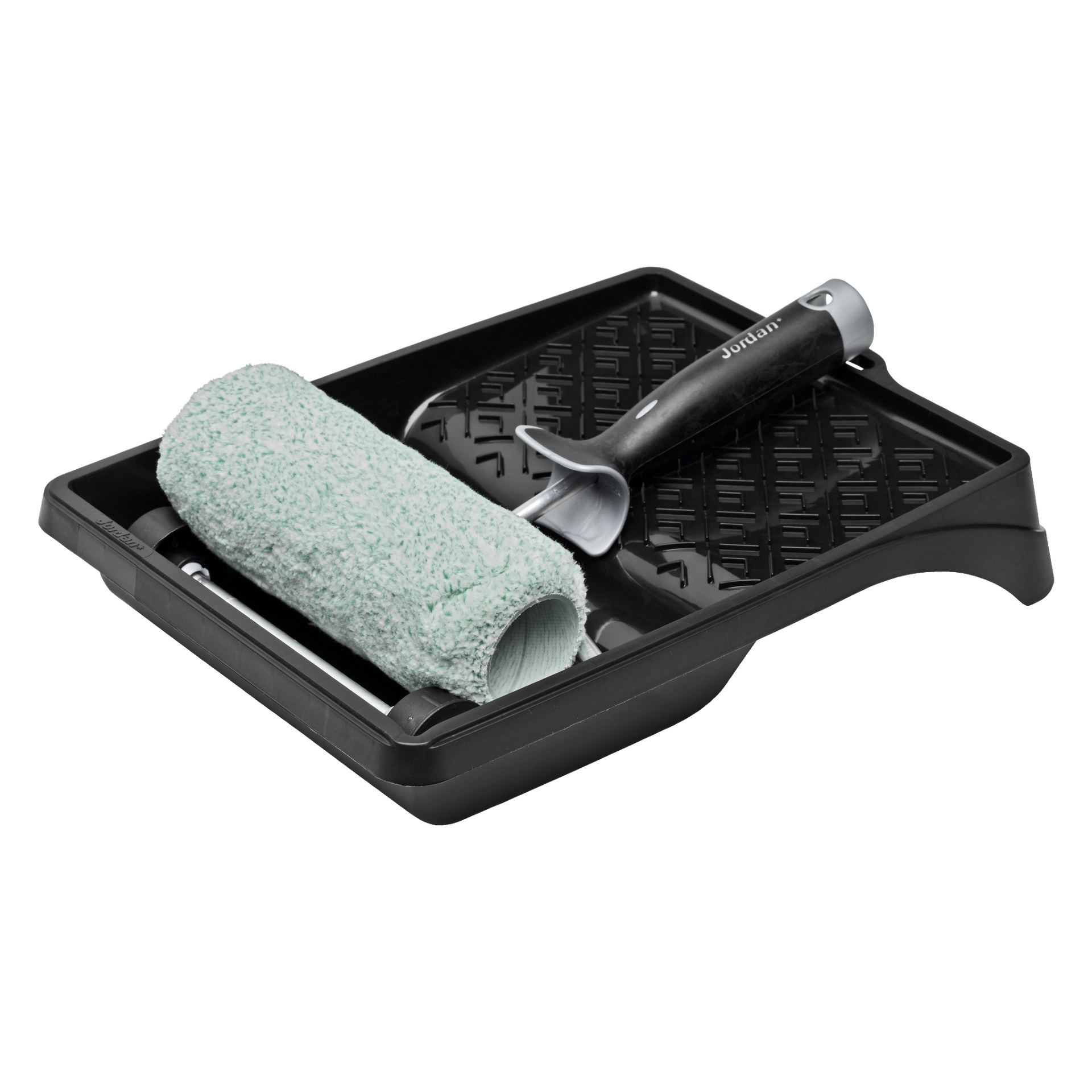 Jordan Roller kit Ultimate med et svart plastbrett med et skrått rutenett for å fjerne overflødig maling, kombinert med en grønn teksturert rulle med svart håndtak.