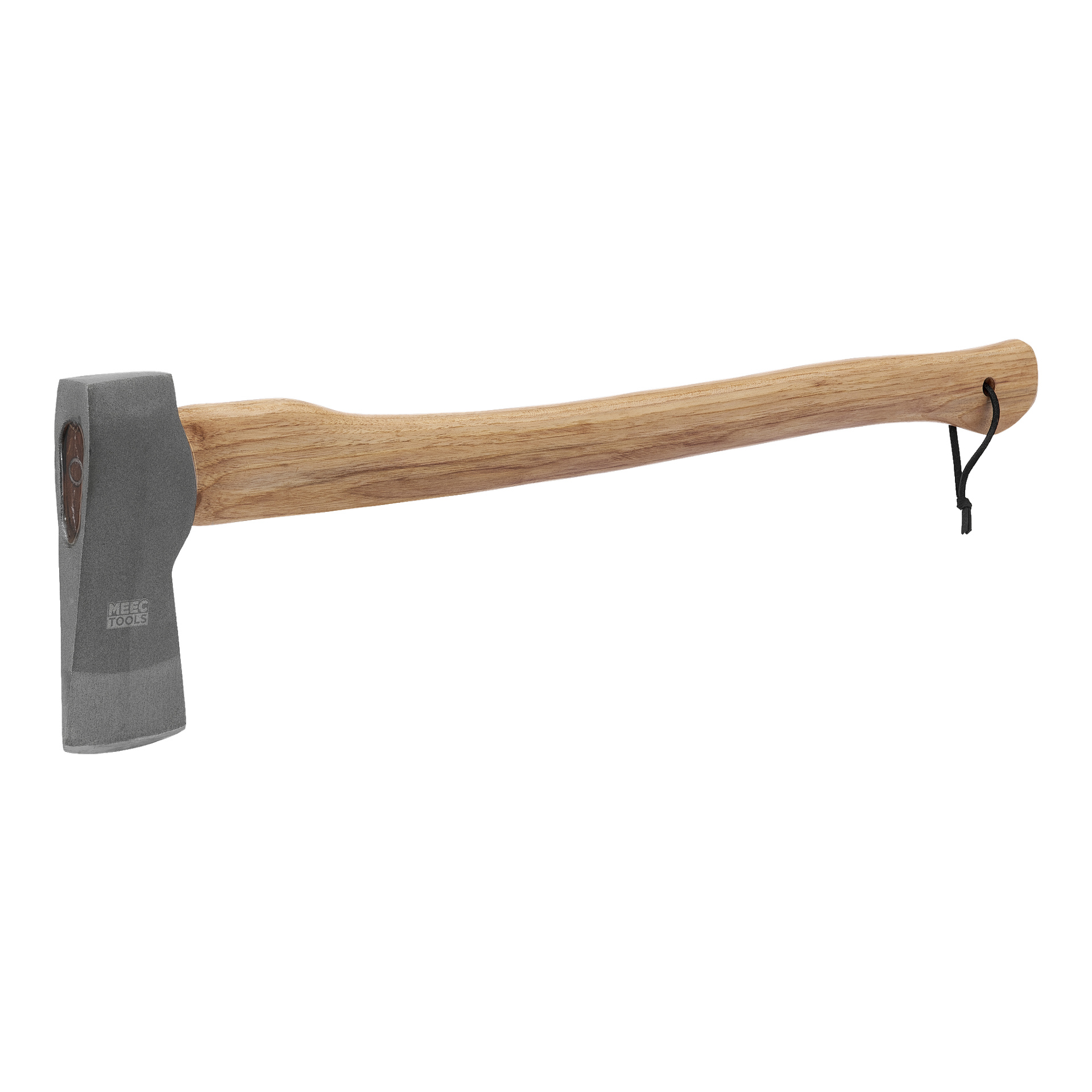 Siekiera do cięcia Meec Tools z metalową głowicą i polerowaną, zakrzywioną drewnianą rękojeścią, wykończoną czarną pętlą do wieszania. Logo Meec Tools pojawia się na główce siekiery.
