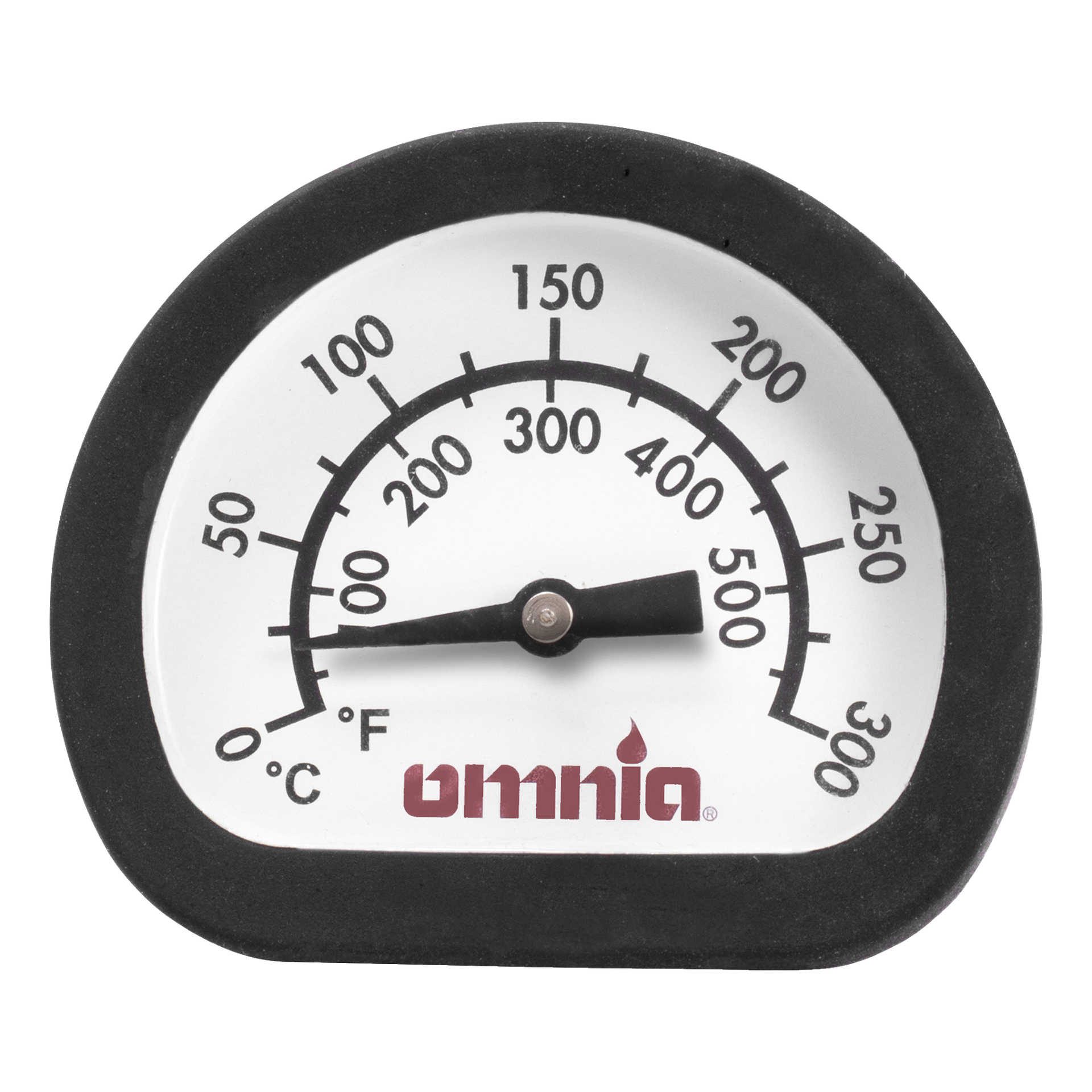 Den runda Omnia-termometern har en svart kant och visar temperaturer från 0 till 300 grader Fahrenheit och 0 till 150 grader Celsius. Nålen är placerad runt 475°F-märket, med "Omnia" markerat i rött nära basen.