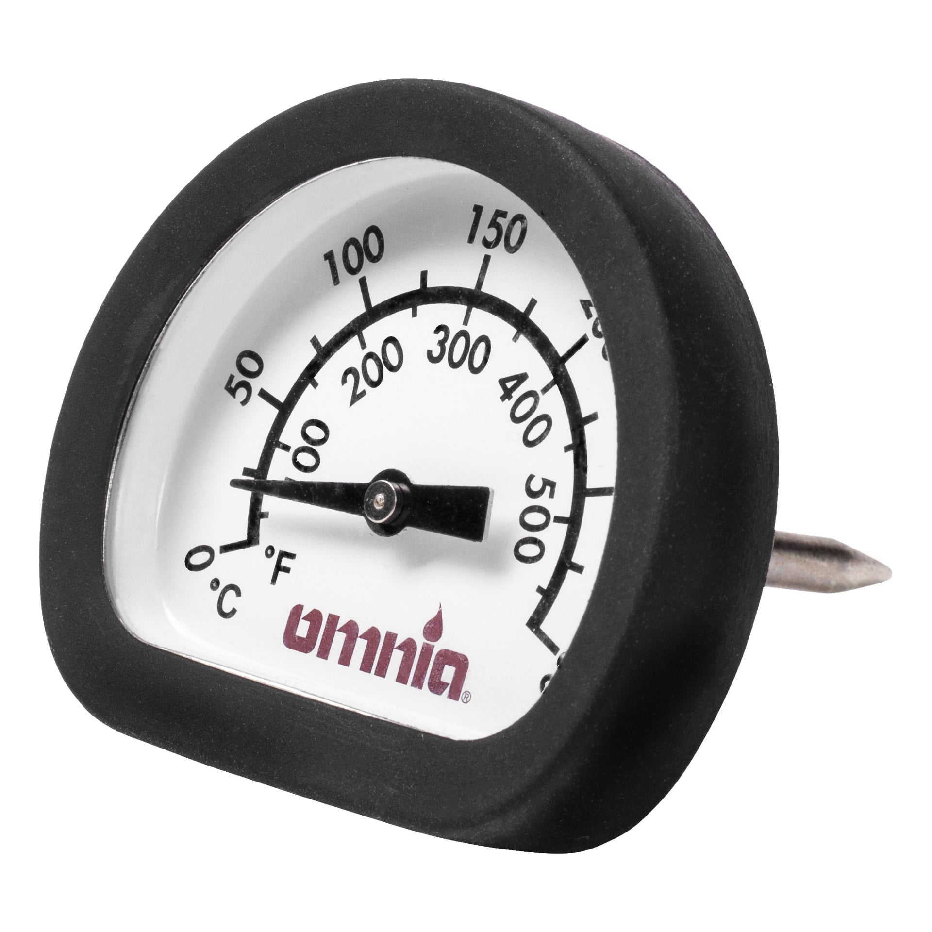 Omnia-termometern har en svartkantad, vit urtavla med både Celsius- och Fahrenheit-skalor från 0 till 300°C respektive 50 till 550°F. Nålen pekar mot cirka 200°F.