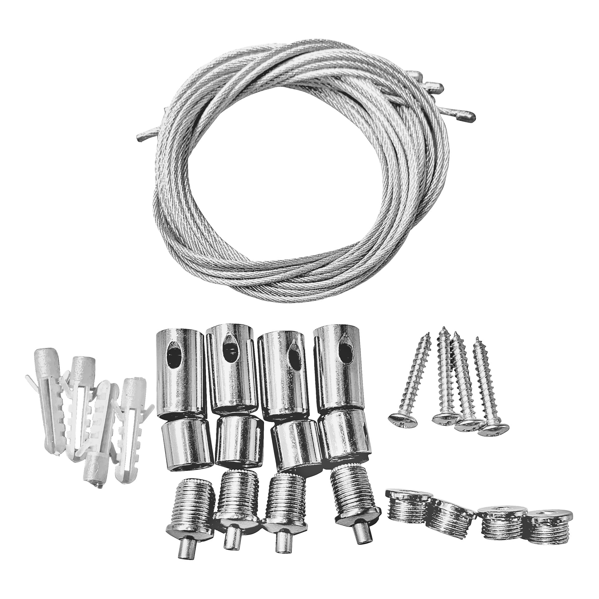 Anslut Mounting Wire Kit visar en spiralad ståltråd, ankare, kontakter, ändkapslar, skruvar och brickor prydligt arrangerade.