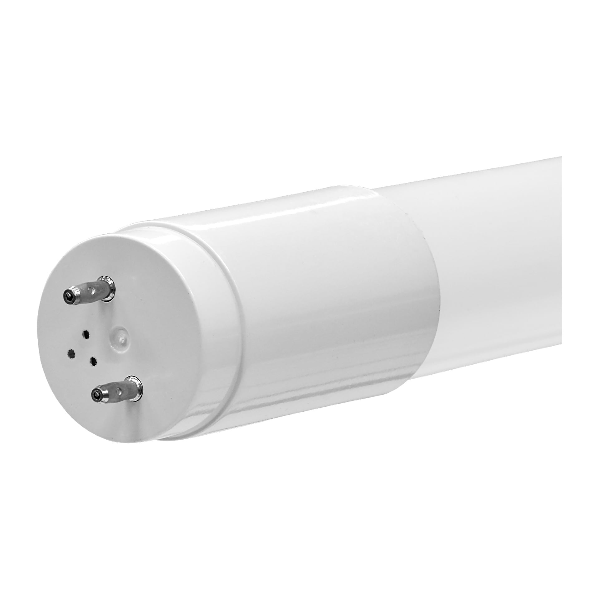 Närbild på ena änden av en Anslut lysstofrör T8 LED, som visar två metallstift på locket och tre små hål.