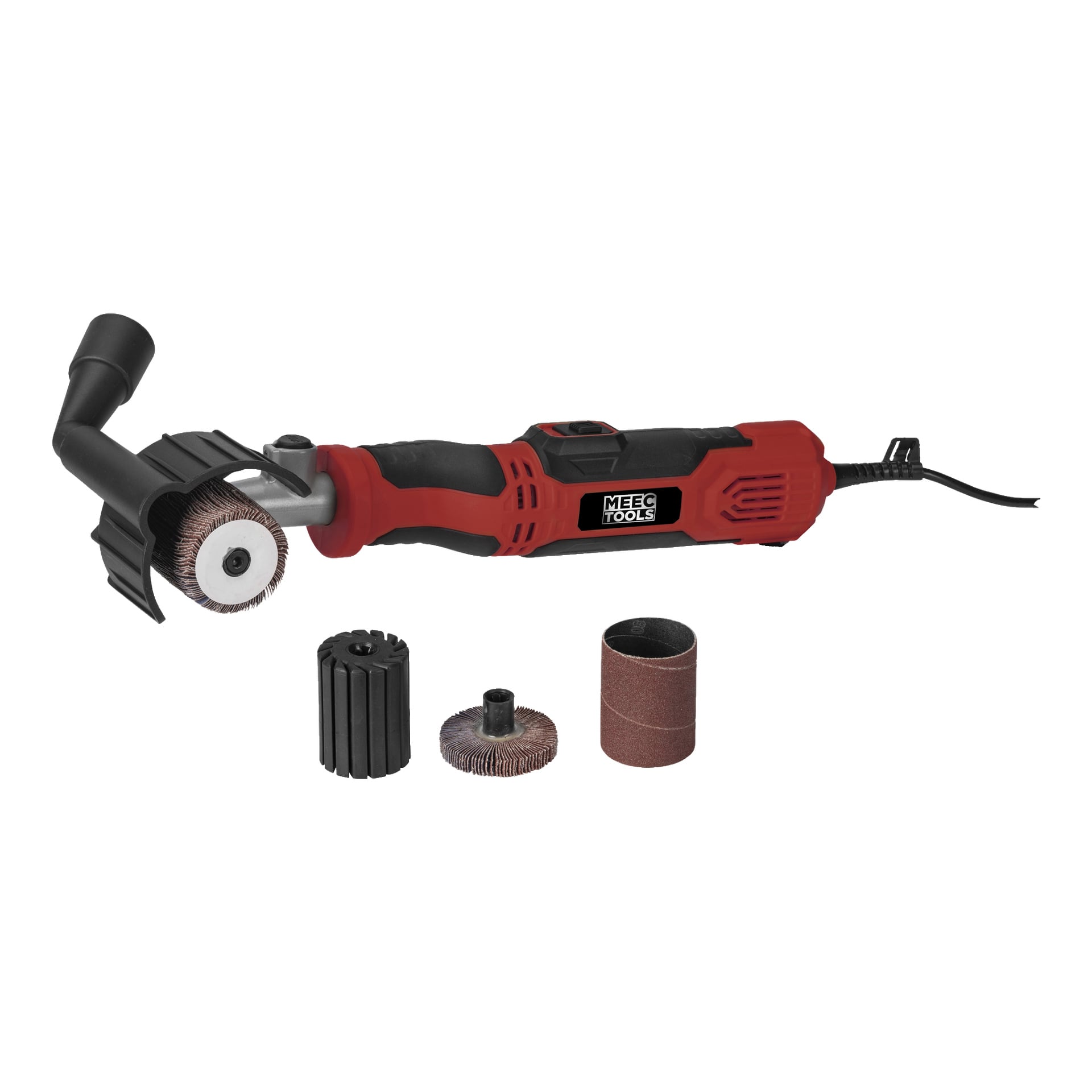 Czerwono-maszyna Meec Tools Polishing Machine SA-W HOME 300 z kablem zasilającym jest umieszczona z czterema odłączanymi mocowaniami, takimi jak szczotki i akcesoria do szlifowania, umieszczonymi z przodu.