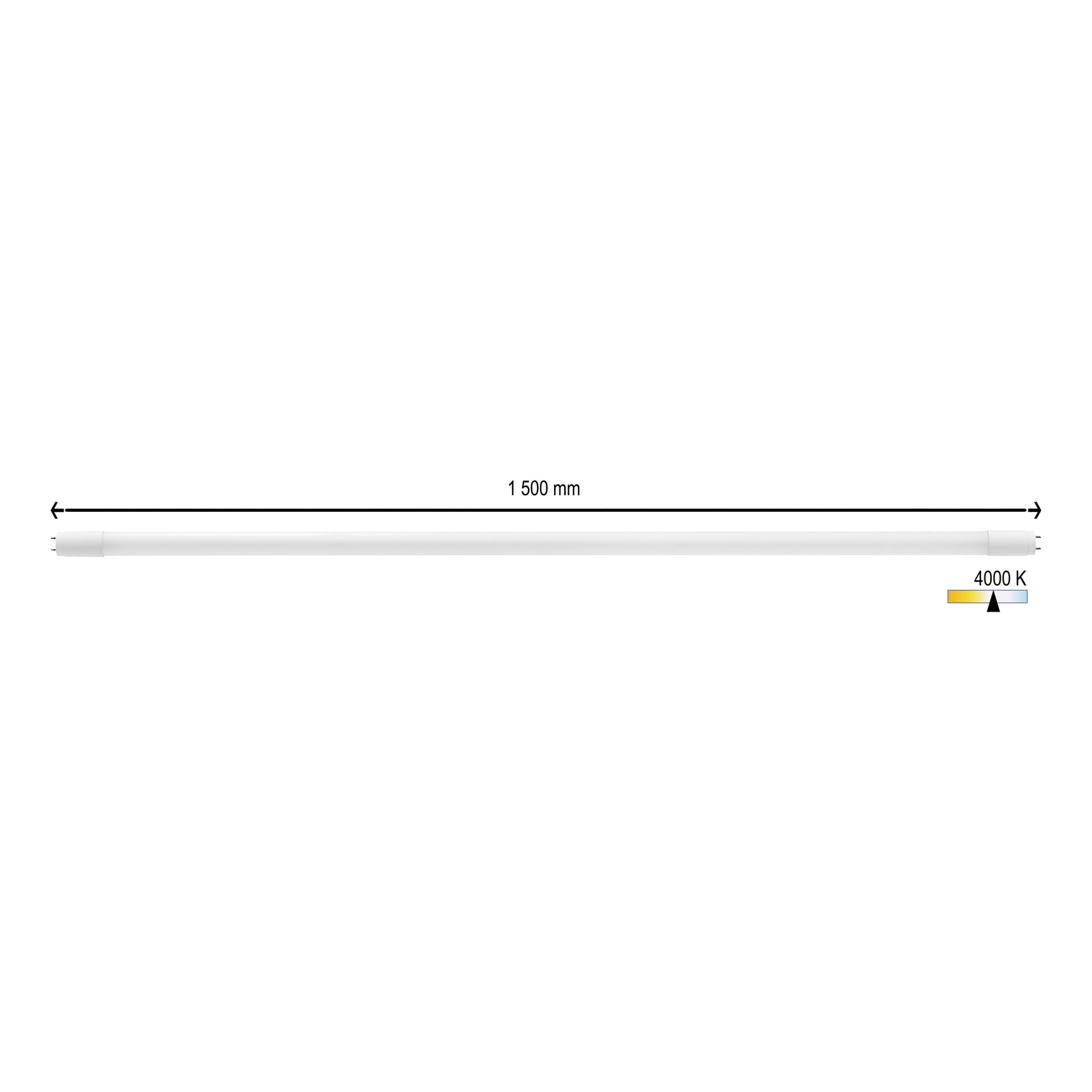 Ett vitt Anslut T8 LED-lysrör med en vidsträckning på 1500 mm, med dubbla stift i varje ände och en färgtemperatur på 4000 K, med en indikator för temperaturen.