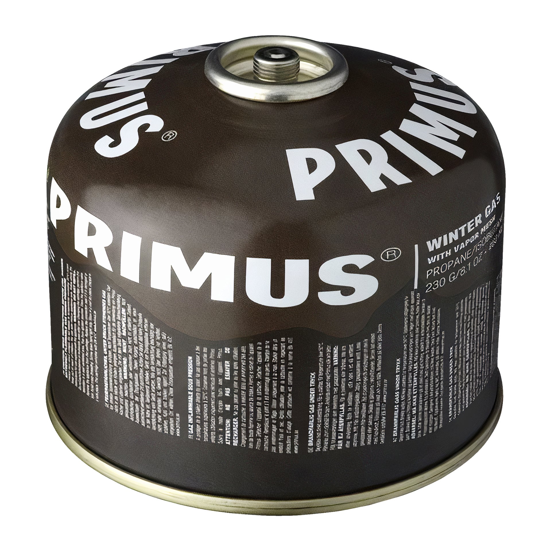 En brun Primus Winter Gas-behållare med vitmärkning, avsedd för utomhusbruk i spisen. Den metalliska behållaren visar säkerhets- och användningsuppgifter på sidan och är utrustad med en metallventil på toppen.
