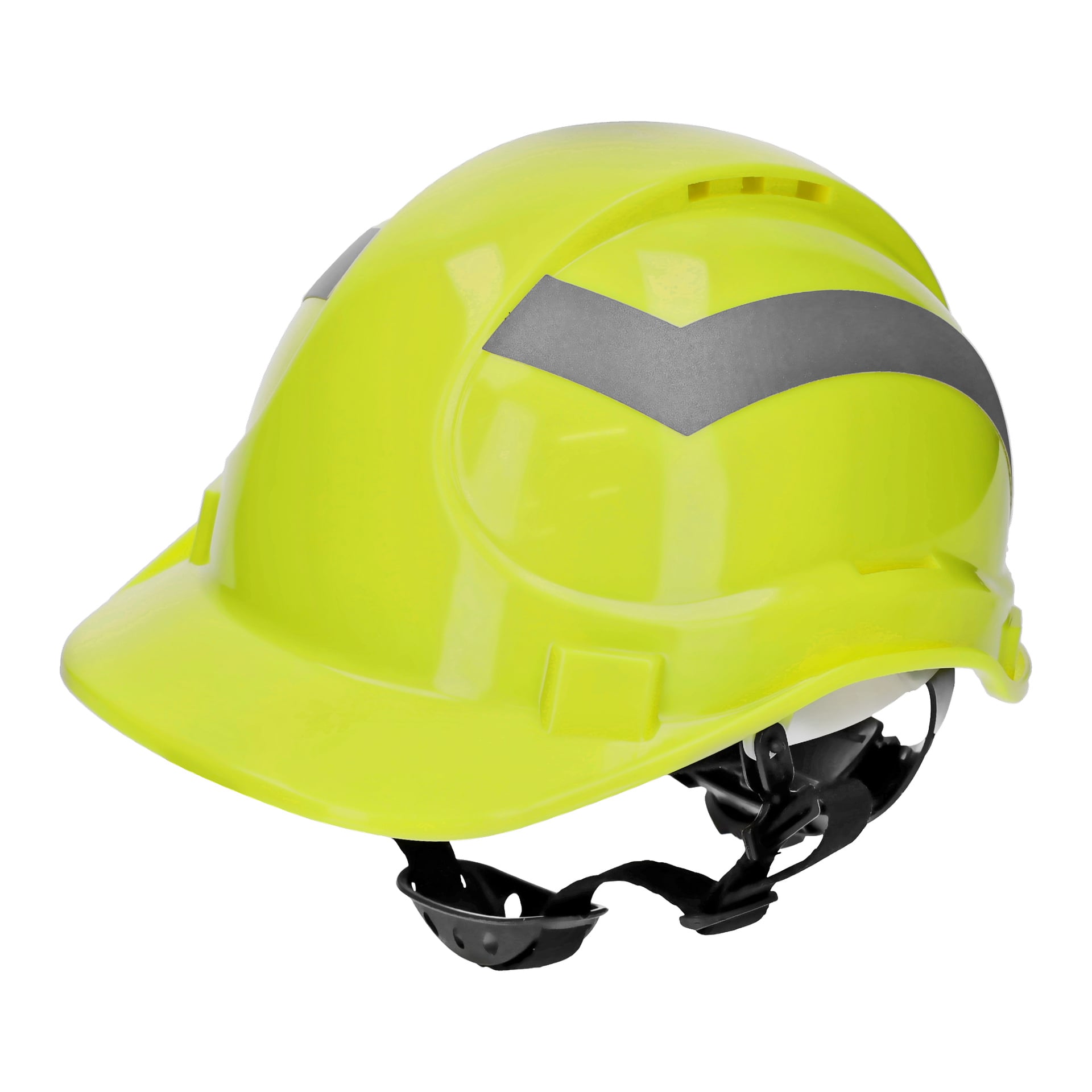 Kask Bluewear Safety to jaskrawo żółty kask z refleksyjnym szarym paskiem i regulowanym czarnym paskiem pod brodą, zaprojektowany do prac budowlanych lub przemysłowych.