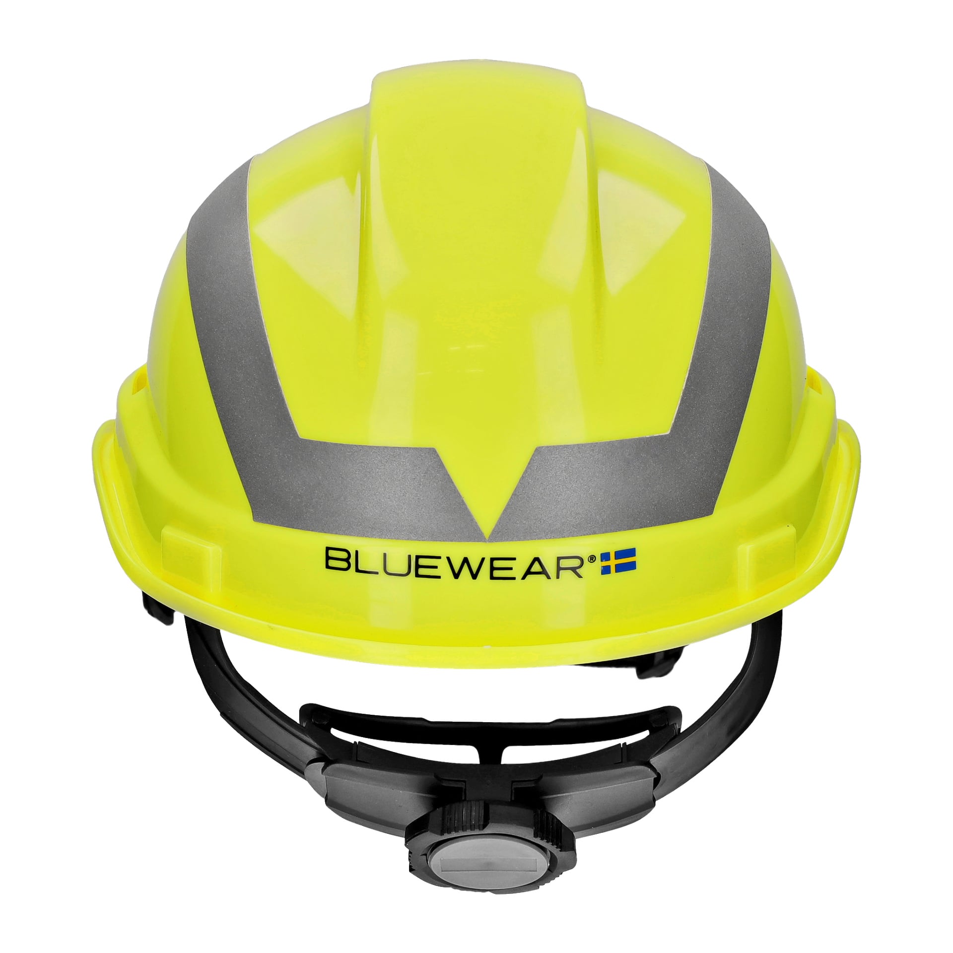 Żółty kask ochronny Bluewear z refleksyjnymi szarymi oznaczeniami, napisem BLUEWEAR z przodu oraz regulowany pasek i gałka pod spodem.