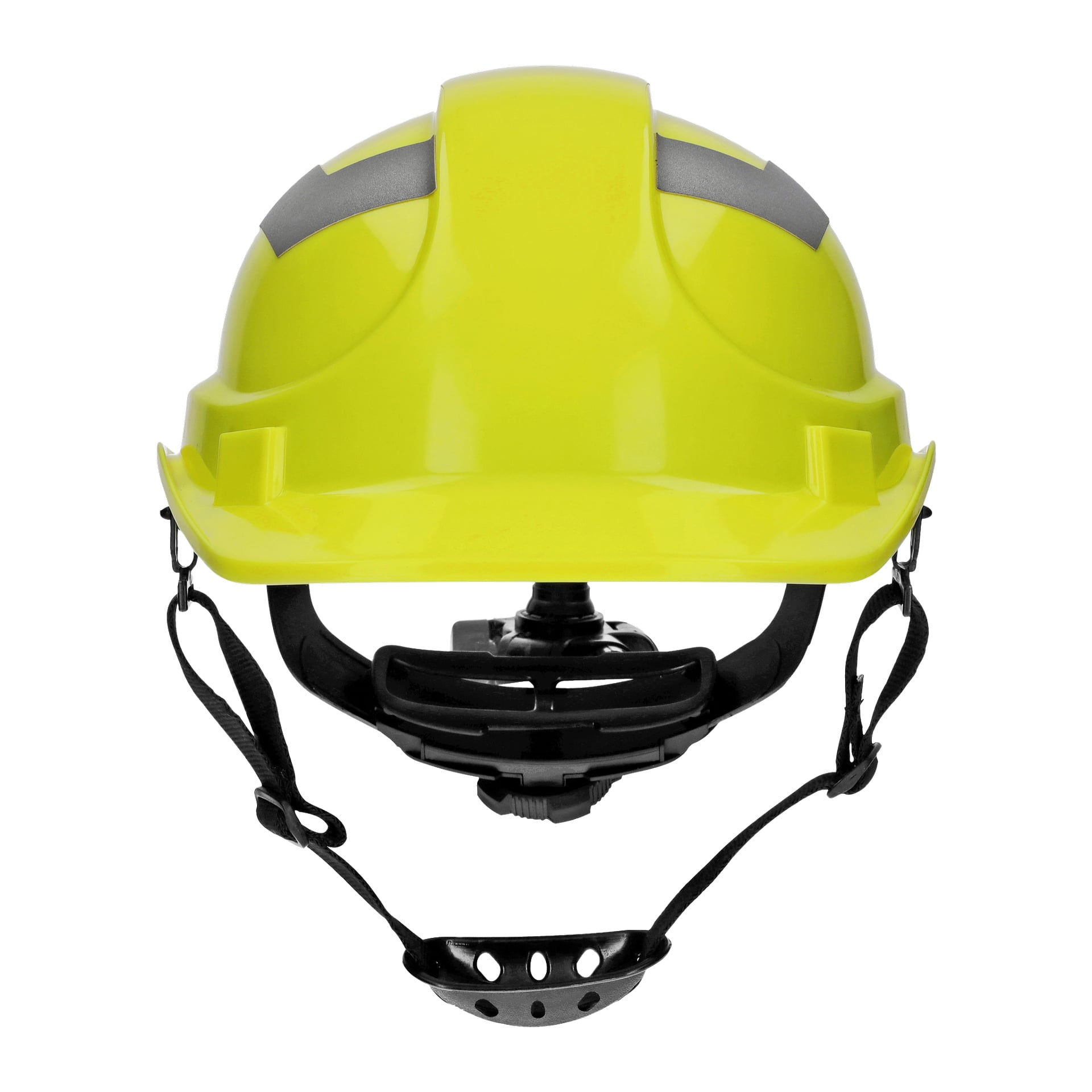 Kask ochronny Bluewear jest jaskrawo żółty z czarnym, regulowanym paskiem na podbródku i szarymi akcentami, widocznymi od przodu.