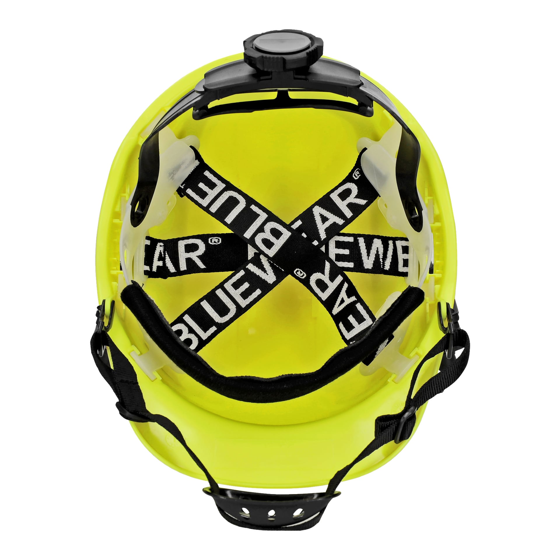Żółty kask ochronny Bluewear widoczny jest z góry, ukazujący jego wewnętrzny system zawieszenia z czarnymi paskami oznaczonymi napisem BLUEWEAR oraz regulowaną opaską na głowie.