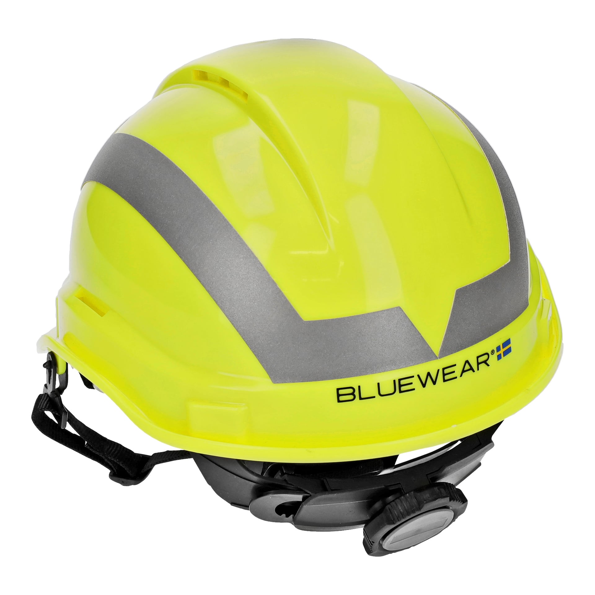 Żółty kask ochronny od Bluewear z szarymi paskami odblaskowymi, regulowany pasek pod brodą, a z przodu widnieje logo Bluewear oraz mała niebiesko-żółta flaga.