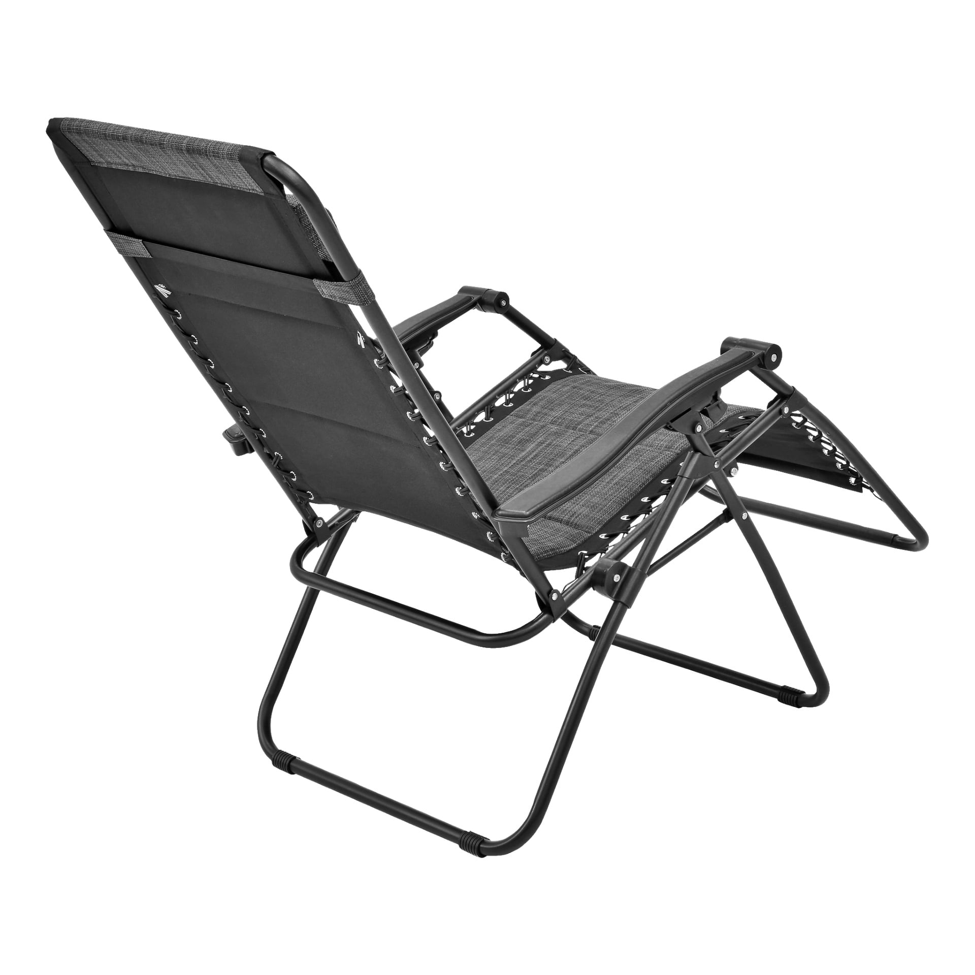 Kayoba Sun-stolen är en vilstol i svart, utrustad med en robust metallram, andningsbart nättyg och justerbart ryggstöd. Placerad i vinkel är dess vikbara design och solida byggnad tydligt synliga.