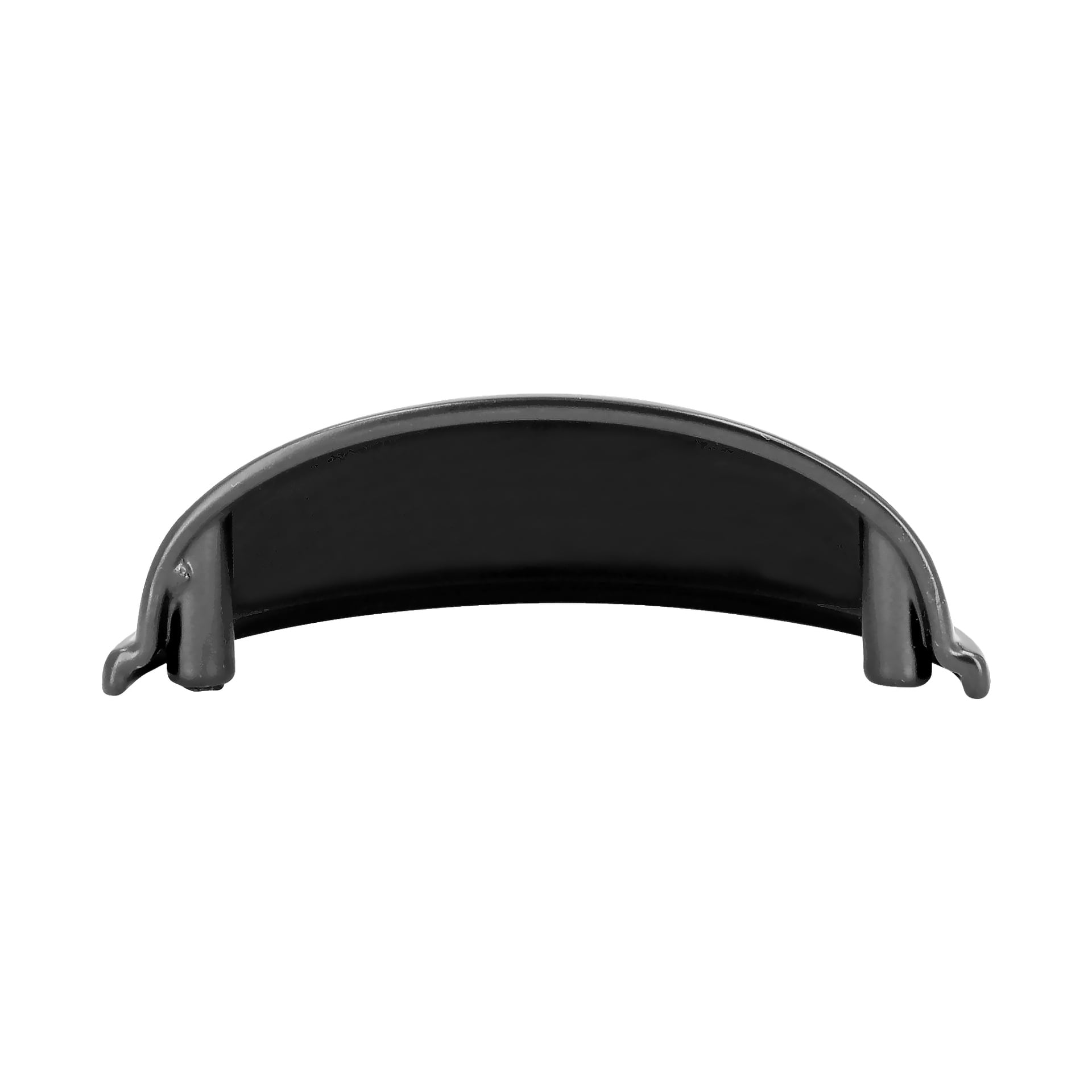 Zwei schwarze, becherförmige Griffe von Hard Head sind zu sehen. Jeder Griff hat ein glattes, halbkreisförmiges Design aus Metall oder Kunststoff, mit zwei kurzen Stützen an den Seiten. Der Stil ist minimalistisch und funktional.
