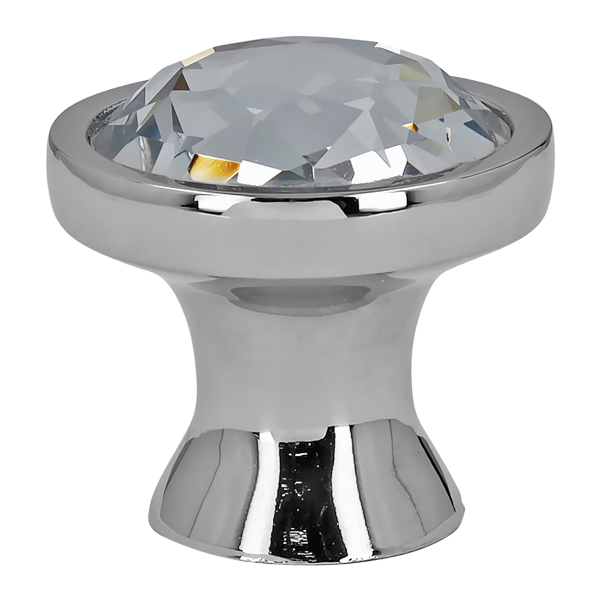 Ett Hard Head "Knob, crystal 2-pack" med en glänsande silveryta, toppad av en rund, mångfacetterad klar kristall och designad med en subtilt utbredd bas.