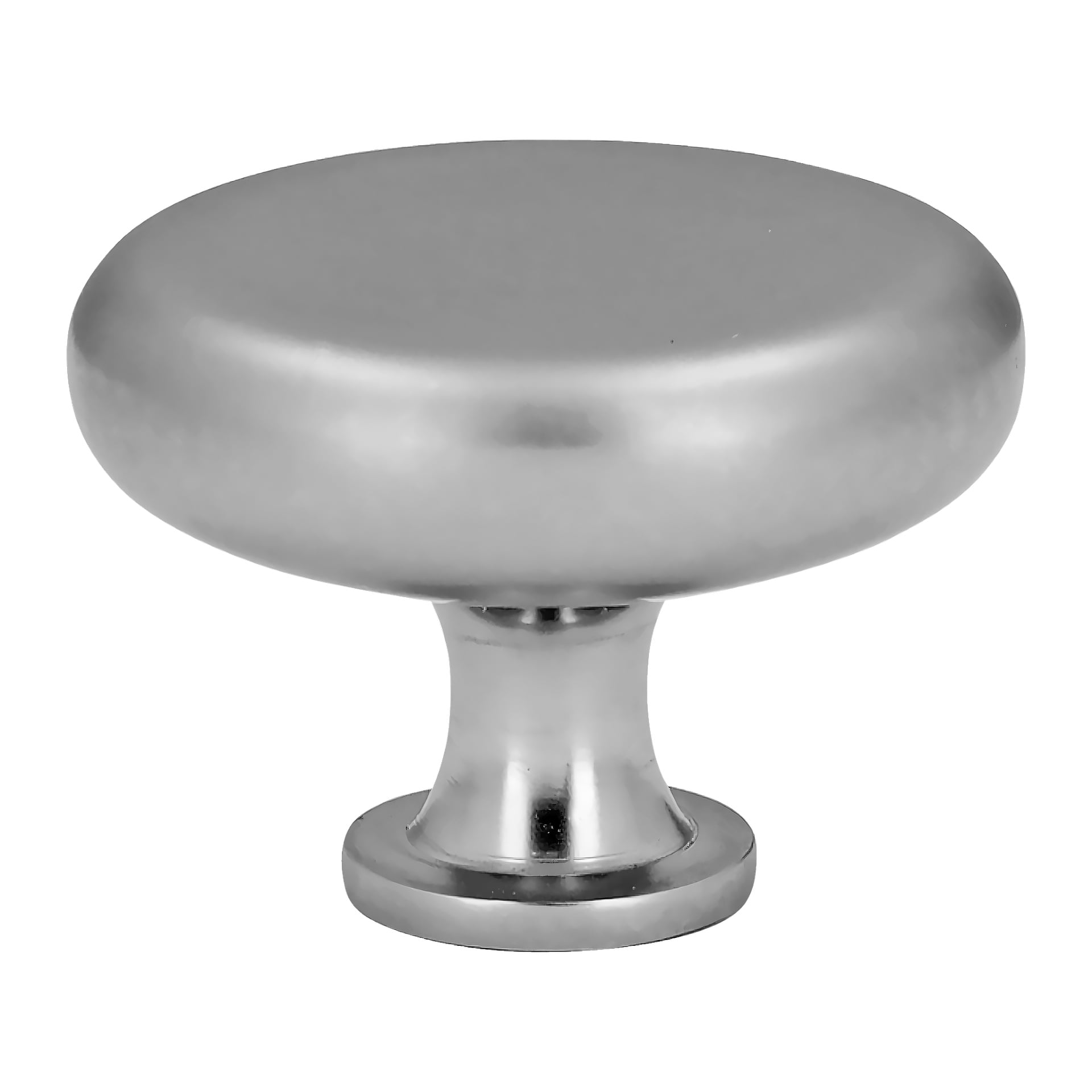 En närbild av Hard Head Knob, matt-krom (2-pack), visar dess runda, borstade metallutseende med ett platt topp och kort stjälk.