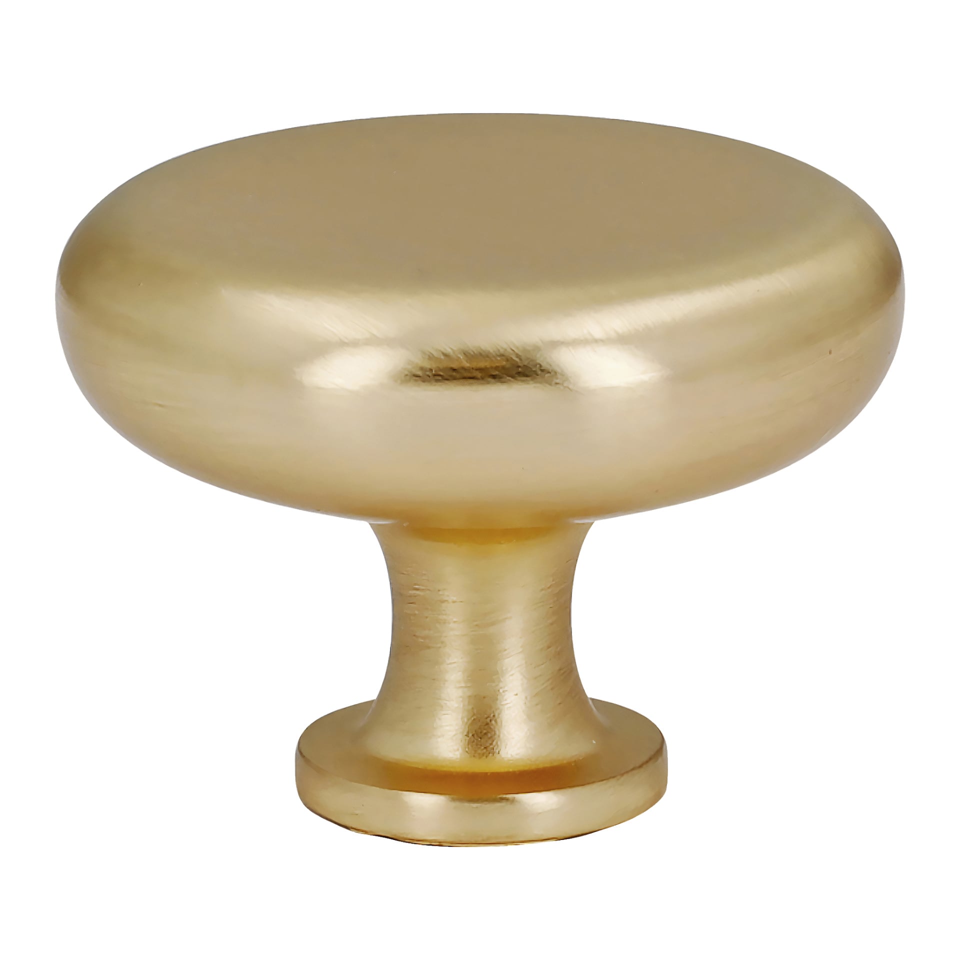 Ett cirkulärt, guldfärgat metallkabinettsknopp med en slank, borstad yta från Hard Heads "Knob, gold-coloured 2-pack"-kollektion.