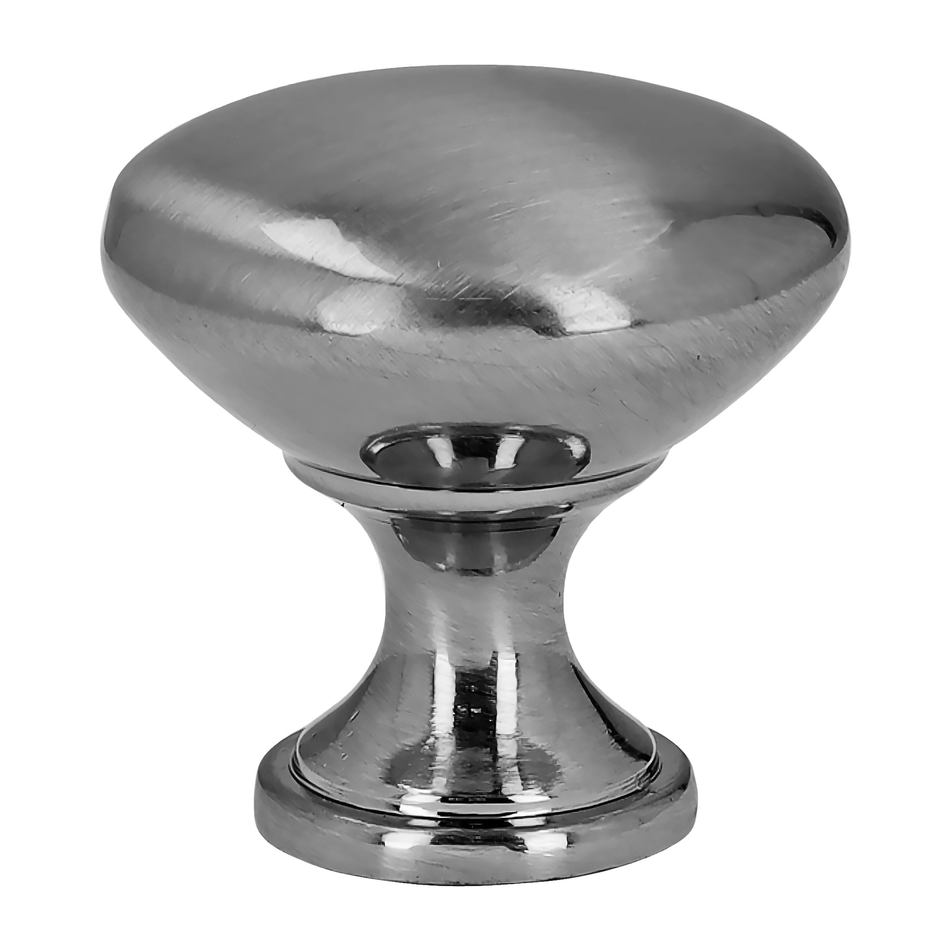 Ett set med två borstade nickel-skåpknoppar från Hard Head, vardera med en lätt rundad topp och en kort, utsvängd bas.