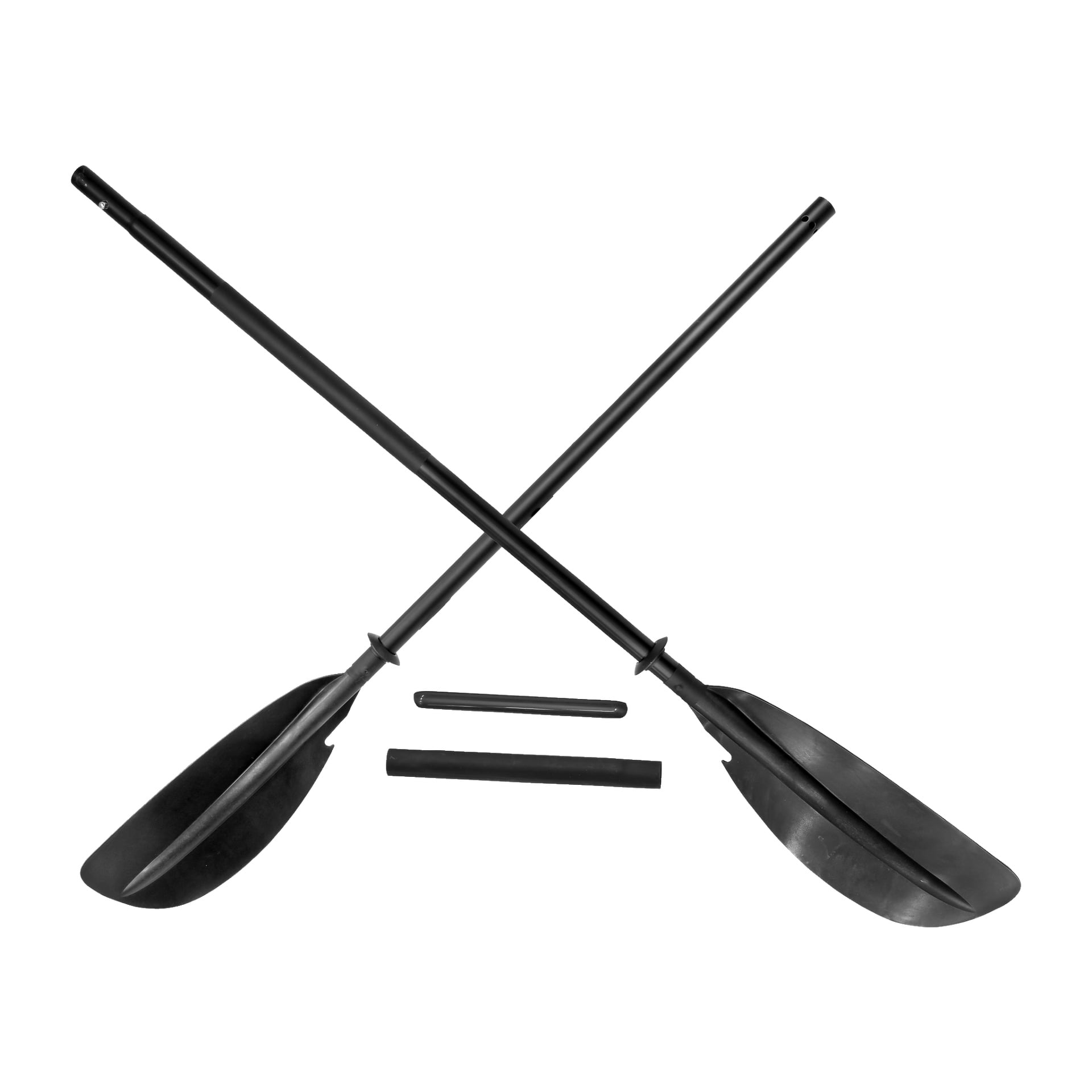 Två svarta plaståror av Kayoba Paddle är korsade i ett X, med två raka svarta handtagsdelar placerade parallellt under dem.