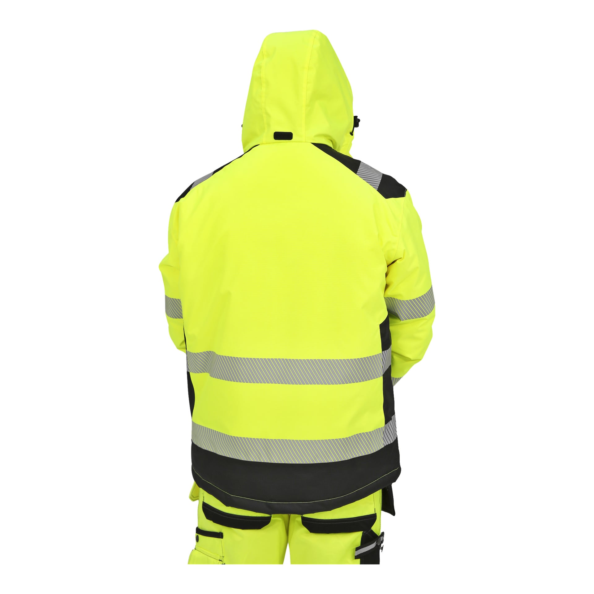 Eine Person ist von hinten zu sehen, die eine limonengelbe Bluewear Warm Lined Hi-Vis-Jacke mit schwarzen Details und reflektierenden silbernen Streifen an Armen und Taille trägt. Sie tragen außerdem passende, limonengelbe Arbeitshosen.