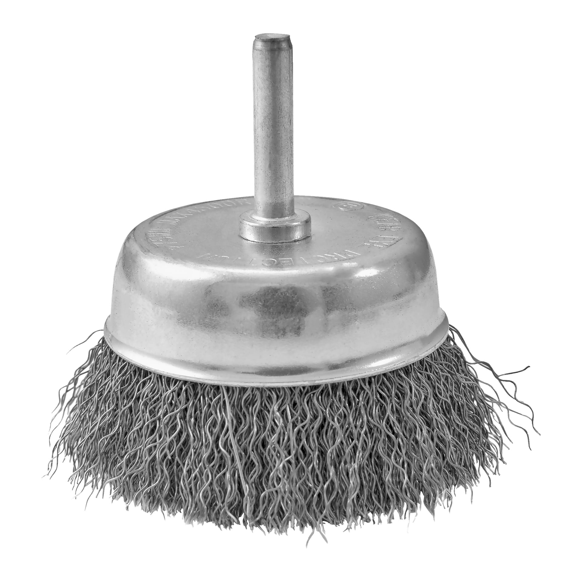 Meec Tools Cup Brush med tätt tvinnade trådborst, ett metalllock och en cylindrisk skaft designad för elverktyg.