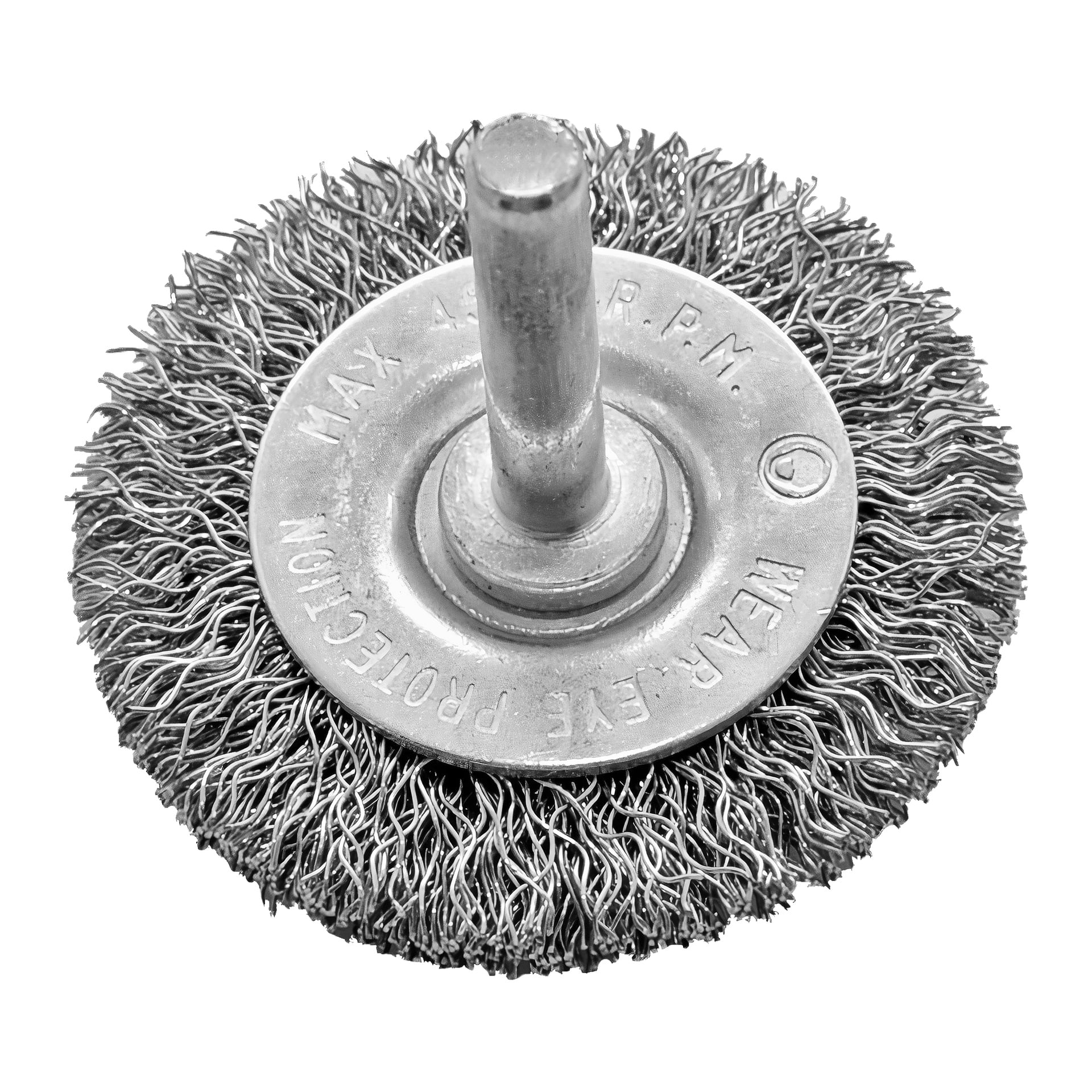 Zbliżenie pędzla Meec Tools Disc podkreśla jego skręcone metalowe włosie i centralny trzonek montażowy, z wygrawerowanymi detalami bezpieczeństwa i obrotami widocznymi na metalowej podstawie.