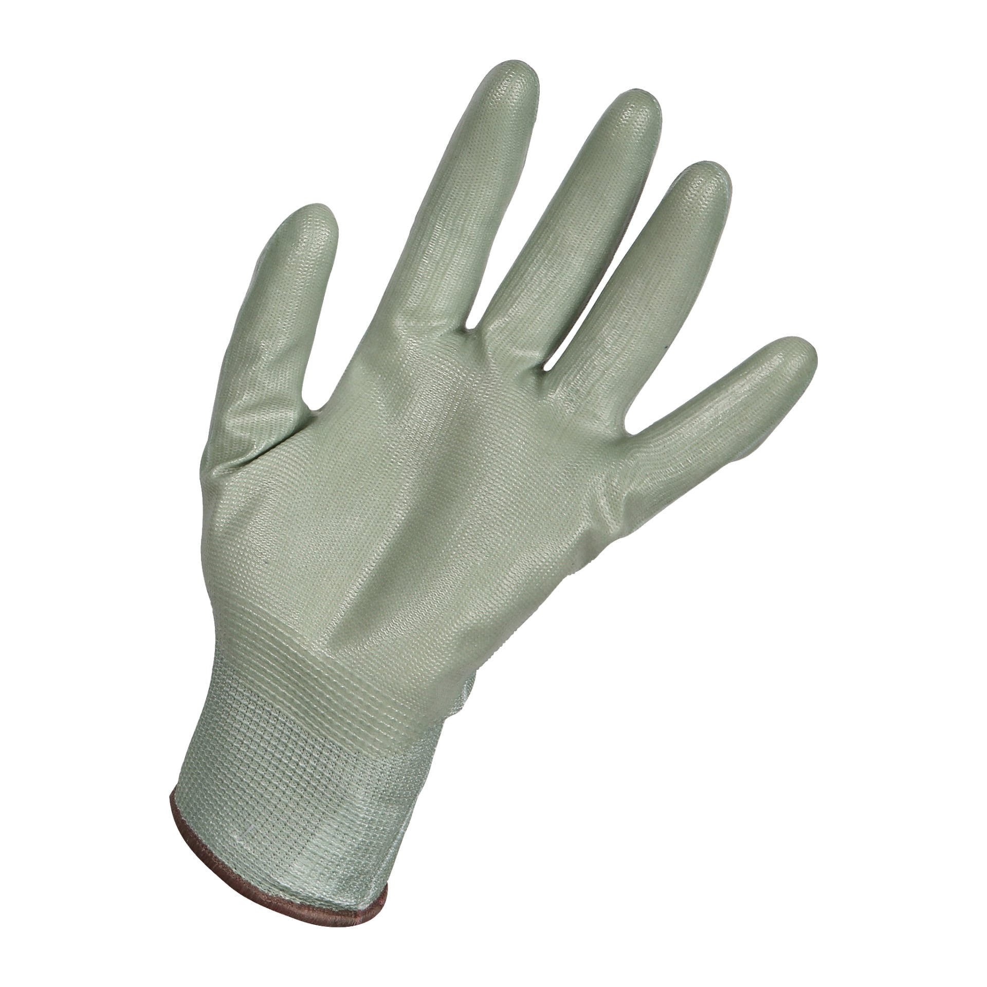 En grön Bluewear-trädgårdshandske från "Gardening gloves 2 pairs"-setet visas med en texturerad yta, handflatan framåt och fingrarna lätt isär.