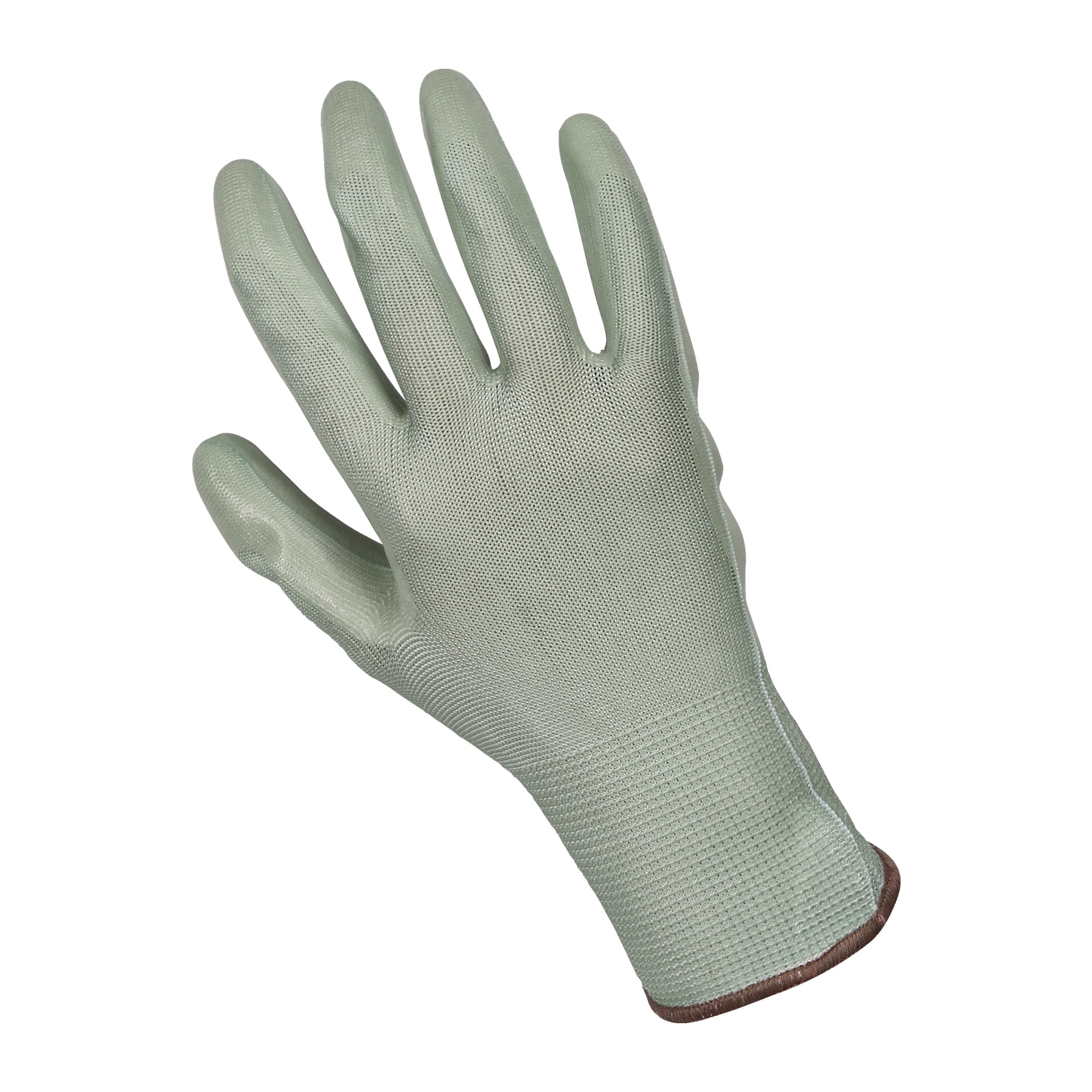 En enda ljusgrön Bluewear-trädgårdshandske från ett par av två par visas med handflatan uppåt. Handsken har en texturerad yta och brun kant vid handleden.