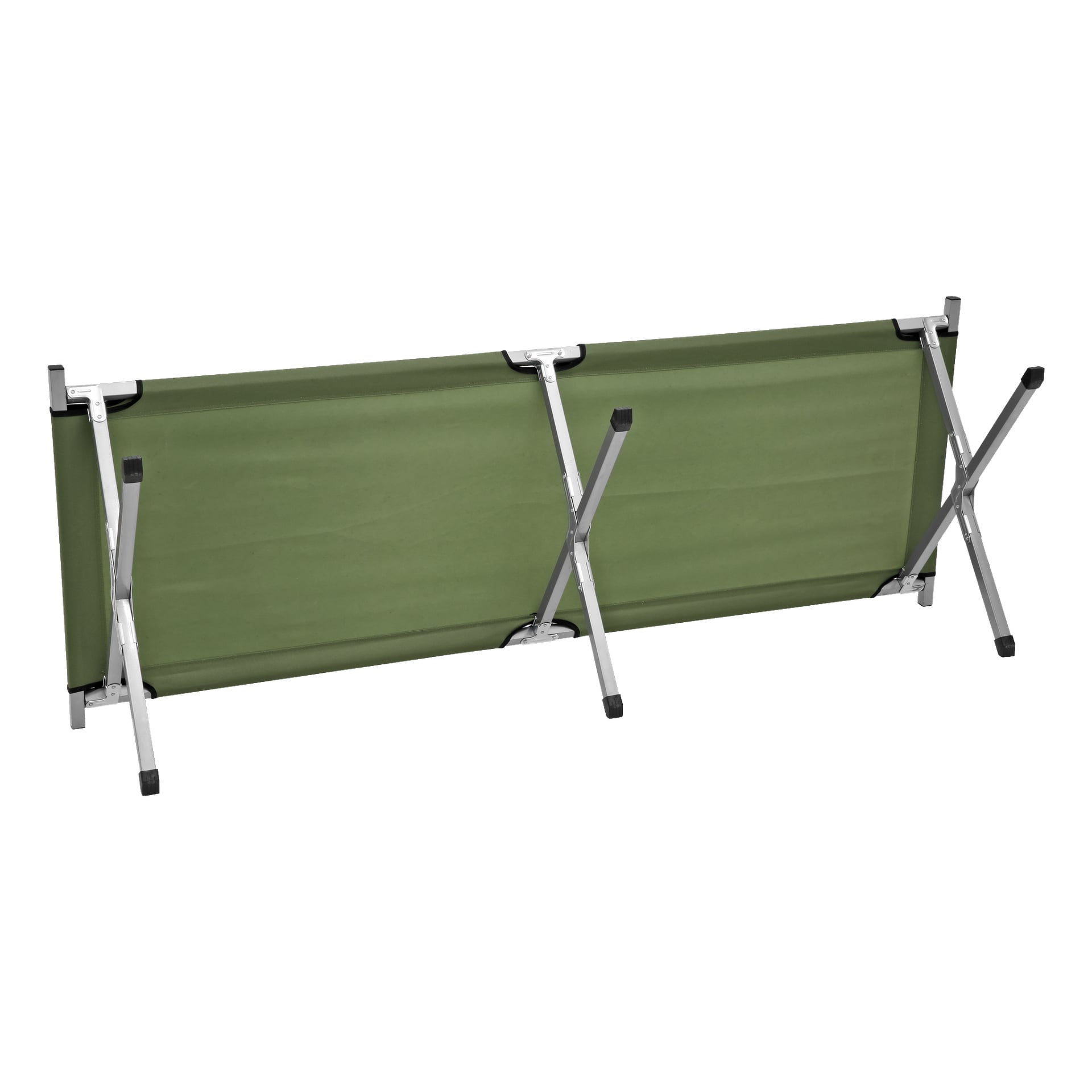 Łóżko Kayoba Outdoor Camp o składanym wzroście, zielonej tkaninowej powierzchni do spania, srebrnej metalowej ramie i czarnych plastikowych stopach, pokazane w pełni rozłożone z boku.