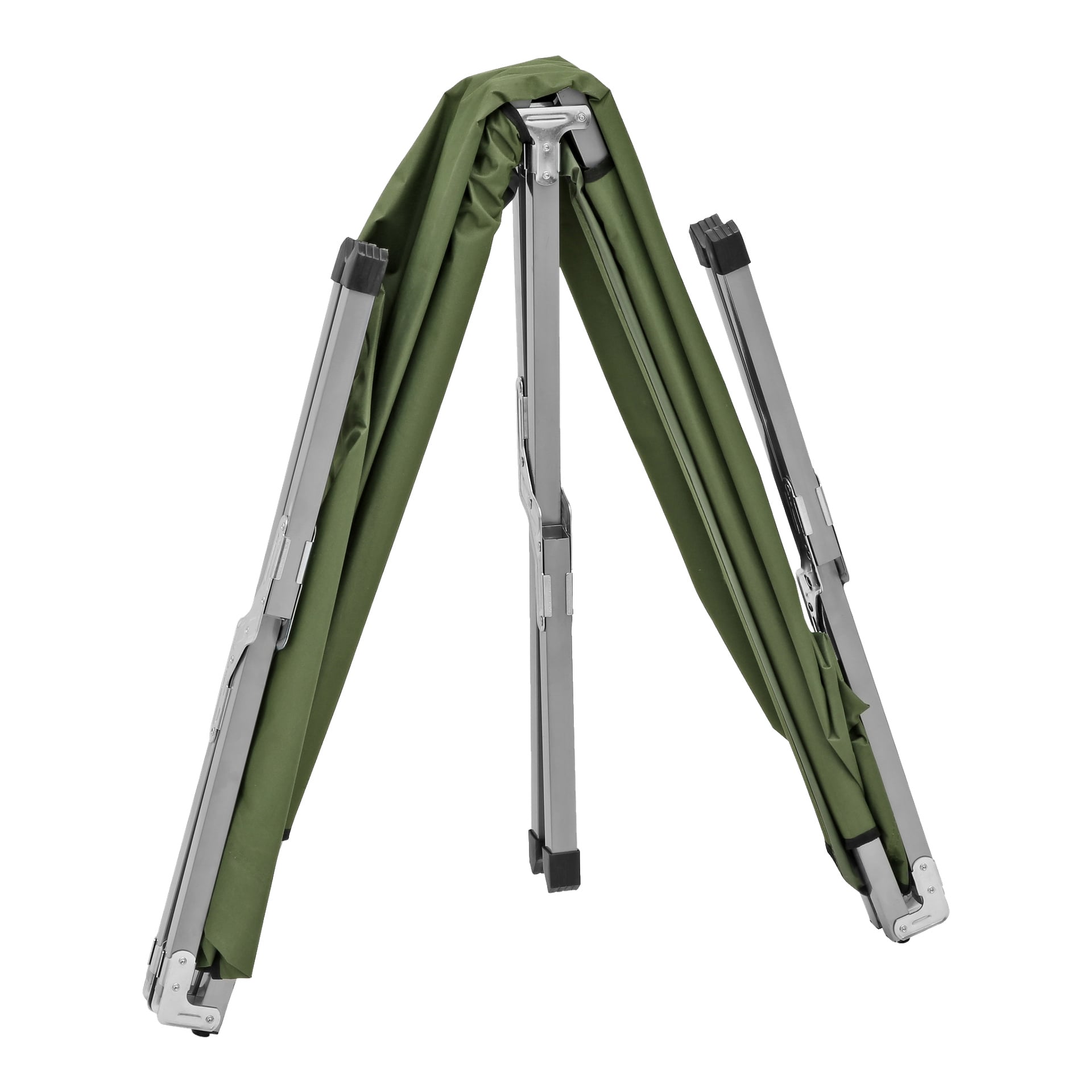 Częściowo rozłożone zielono-srebrne metalowe łóżko Kayoba Outdoor stoi pionowo.