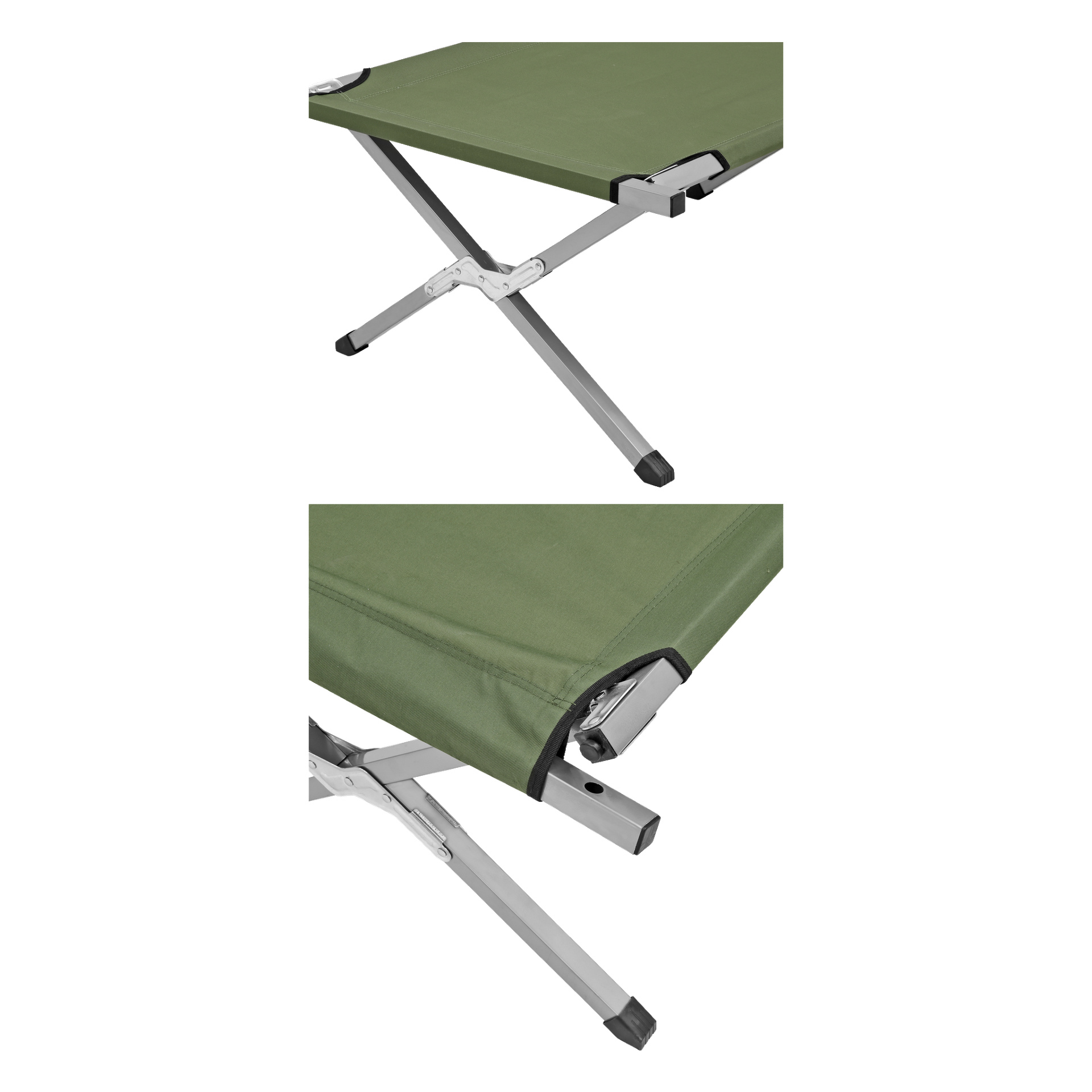 Łóżko Kayoba Outdoor Camp to zielona tkanina naciągnięta na srebrną metalową ramę X-frame z czarnymi plastikowymi końcówkami, pokazaną z dwóch perspektyw. Jedno zbliżenie skupia się na szczegółach konstrukcji narożnika i ramy.