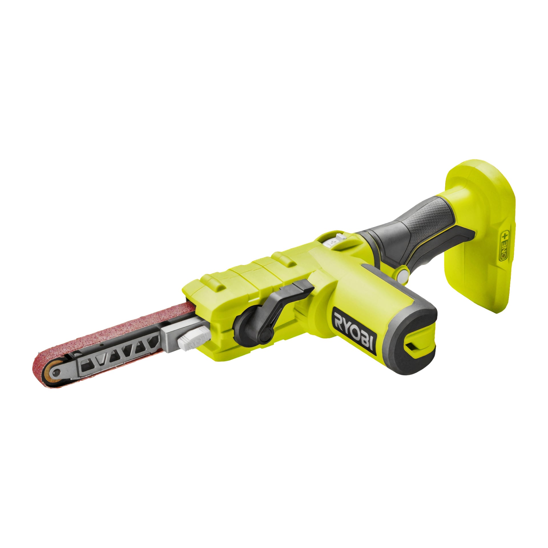 En Ryobi One+ File Sander R18PF-0 i gult och svart, sladdlös och handhållen, med ett smalt slipband designat för detaljerade uppgifter; Den har ett ergonomiskt handtag och plats för ett batteripaket.