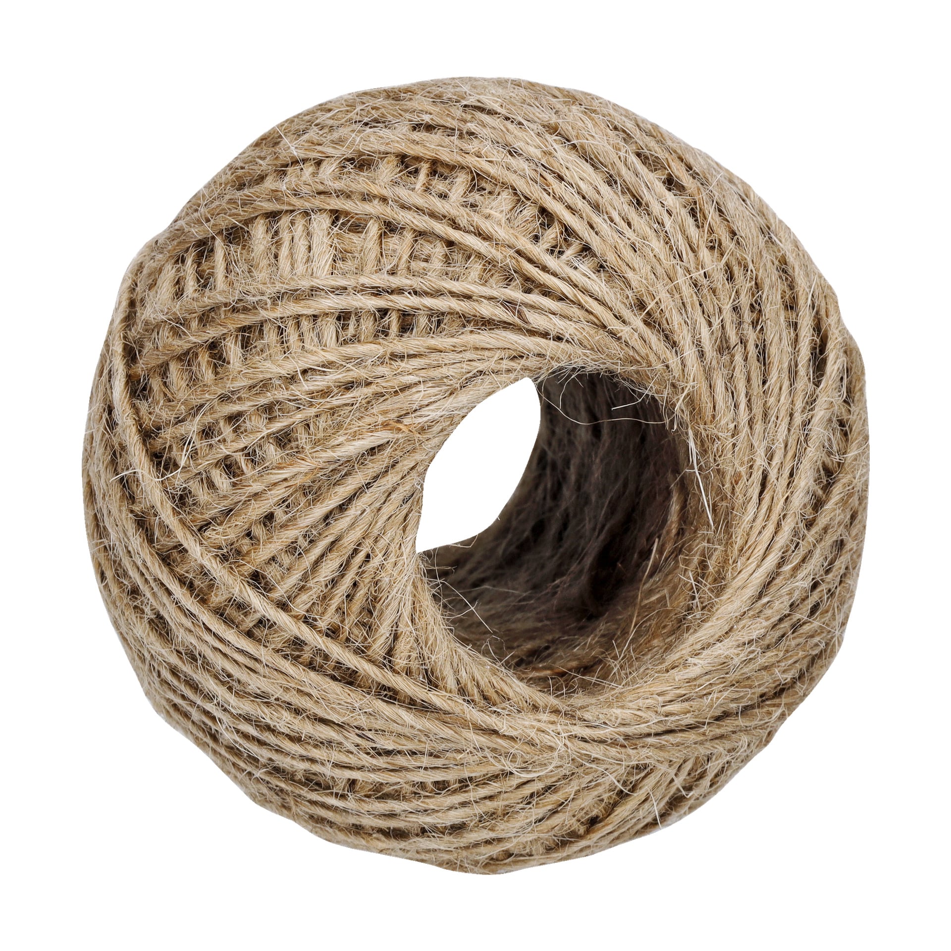 Näytetään tiukasti kierretty Hard Head Jute String -pallo. Lanka koostuu luonnollisista juuttikuiduista, joilla on karkea rakenne ja joitakin irtonaisia säikeitä, jotka näkyvät.
