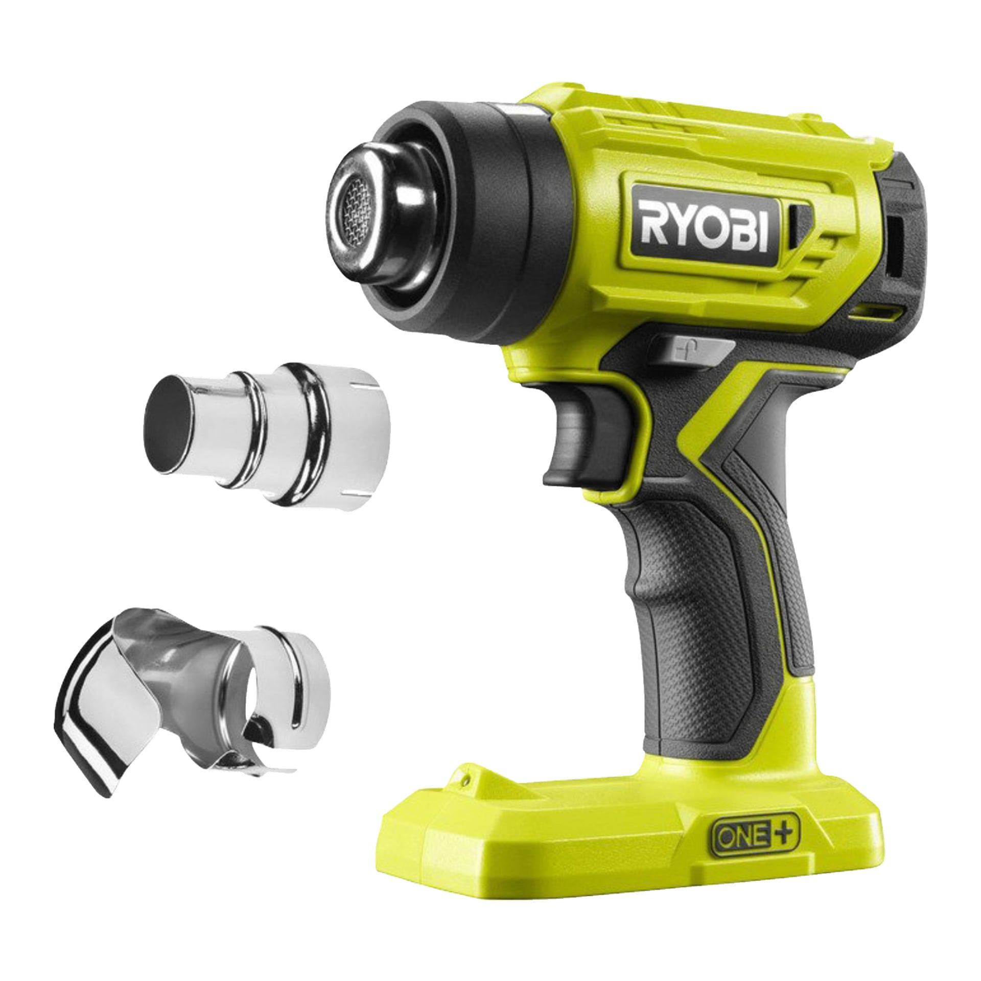 En Ryobi One+ R18HG-0 varmluftspistol i gult og svart med pistolgrep, merket med Ryobi-logo på siden, er plassert ved siden av to metalldysetilbehør.