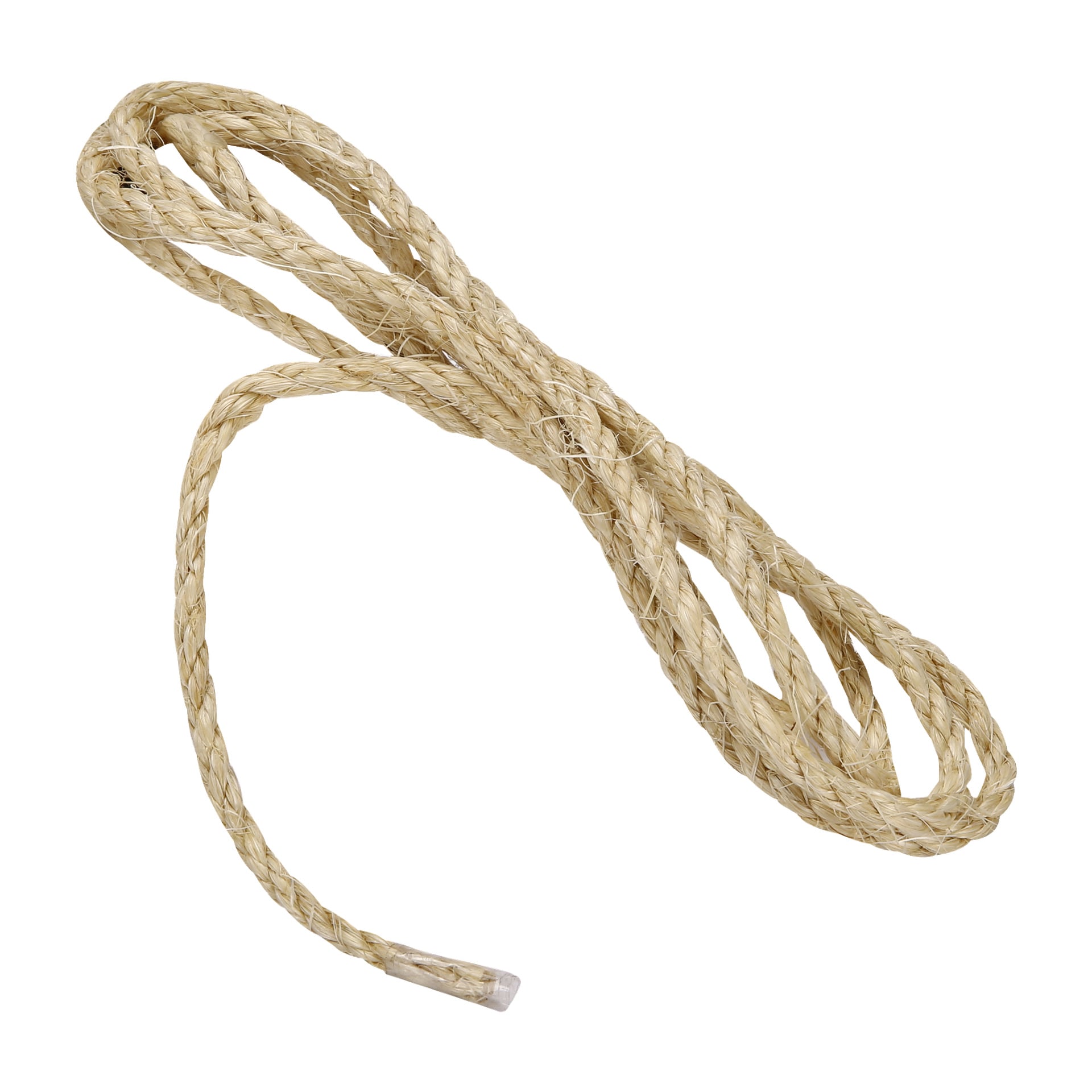 Ett ringlat beige Hard Head Sisal-rep med fransiga ändar.